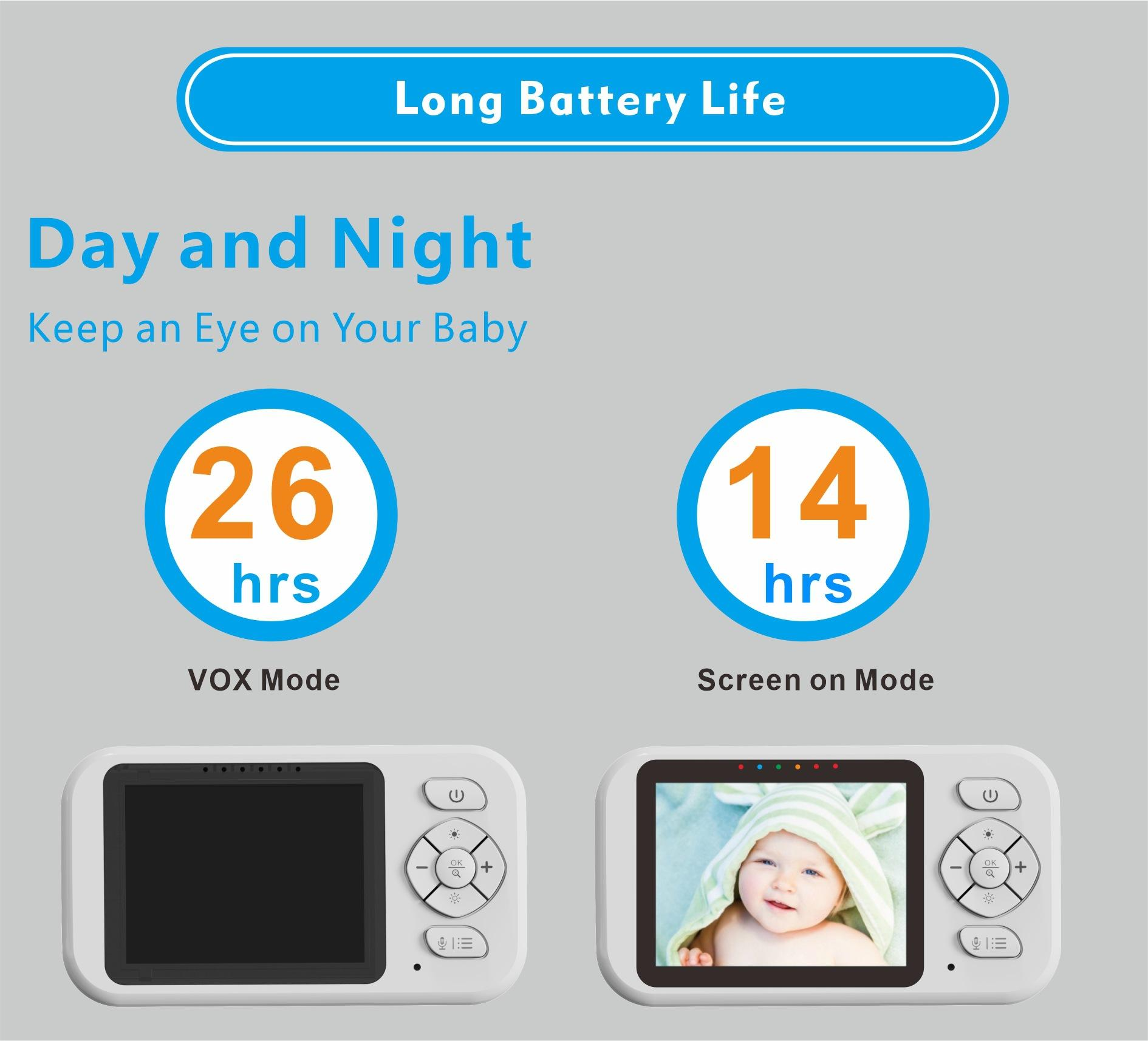 Das Bild zeigt einen Babyphone mit Akkulaufzeit-Anzeigen. Zeigt 26 Stunden im VOX-Modus und 14 Stunden im Bildschirmmodus.