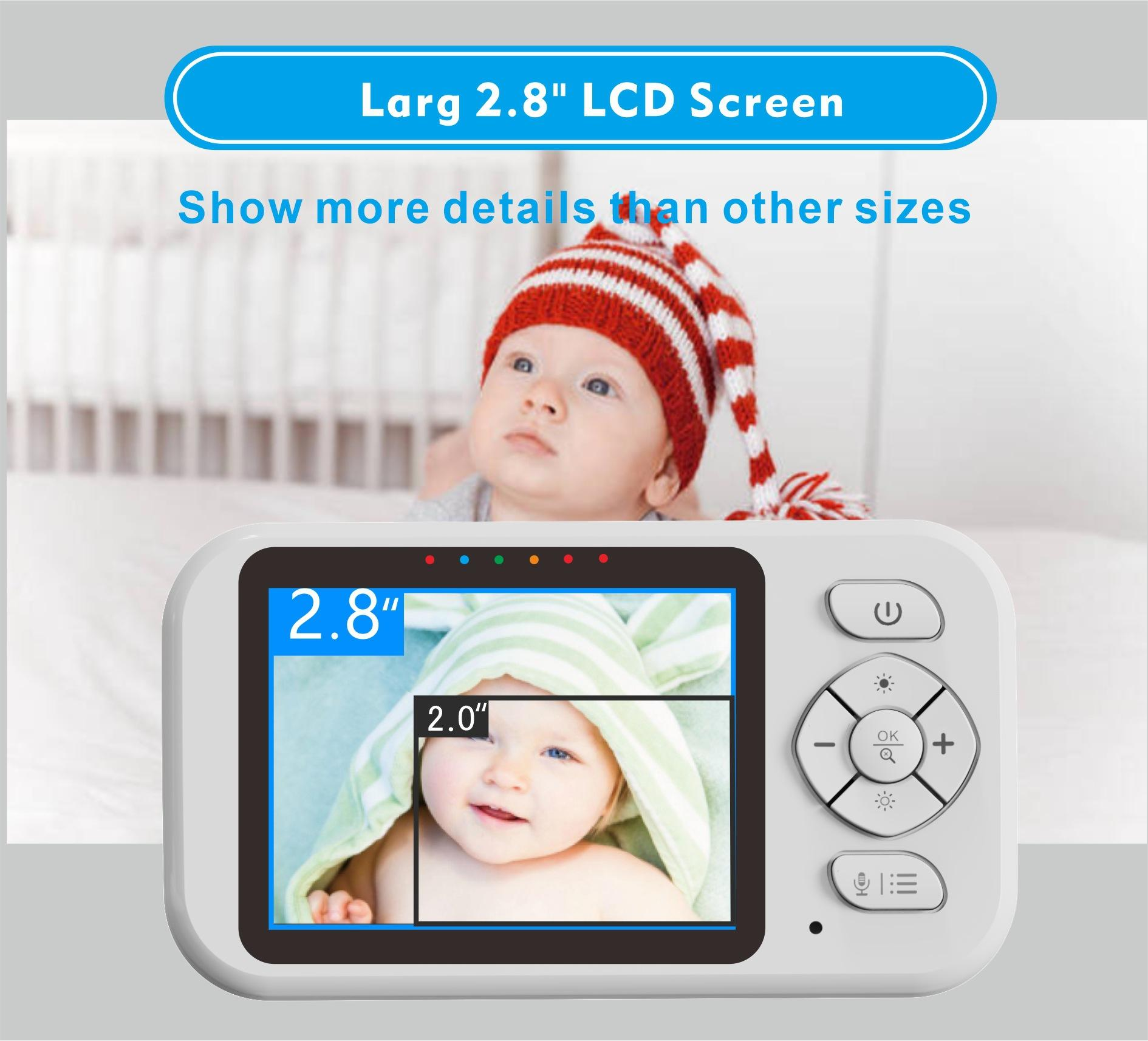 Ein Babyphone zeigt ein Baby mit Hut. Text auf dem Bildschirm zeigt Bildschirmgröße 2,8 und 2,0 Zoll.