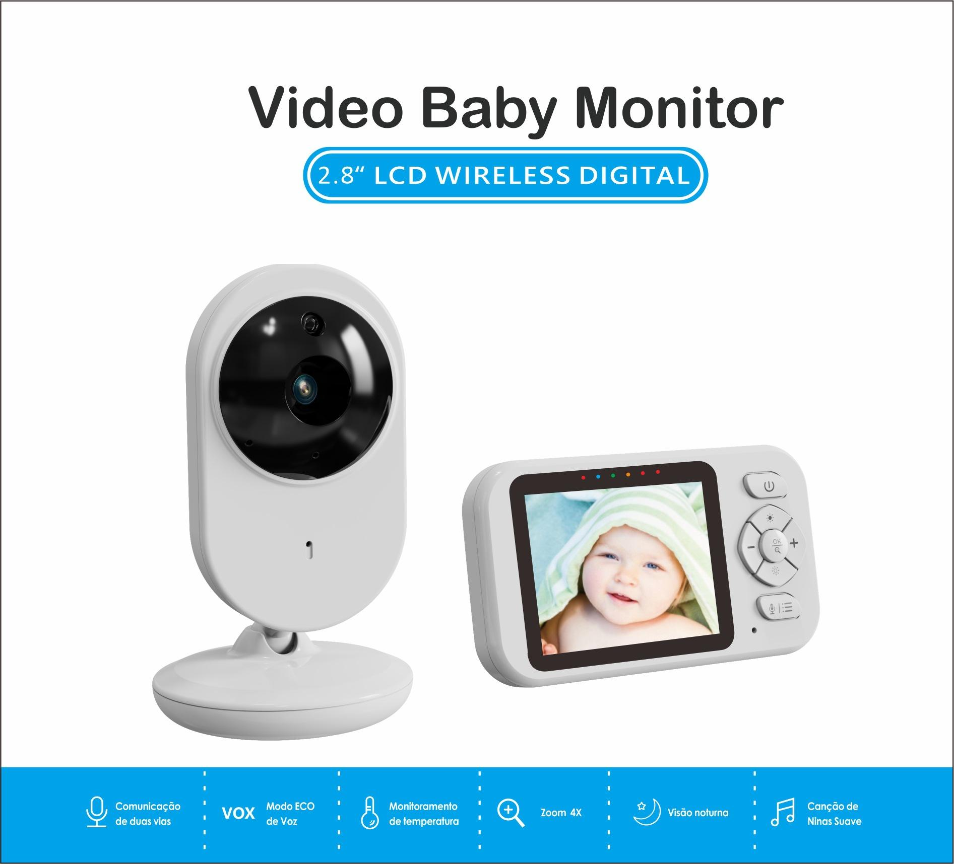 Ein Babyphone mit Kamera und Bildschirm. Der Bildschirm zeigt ein Baby. Text oben: 'Video Baby Monitor'.