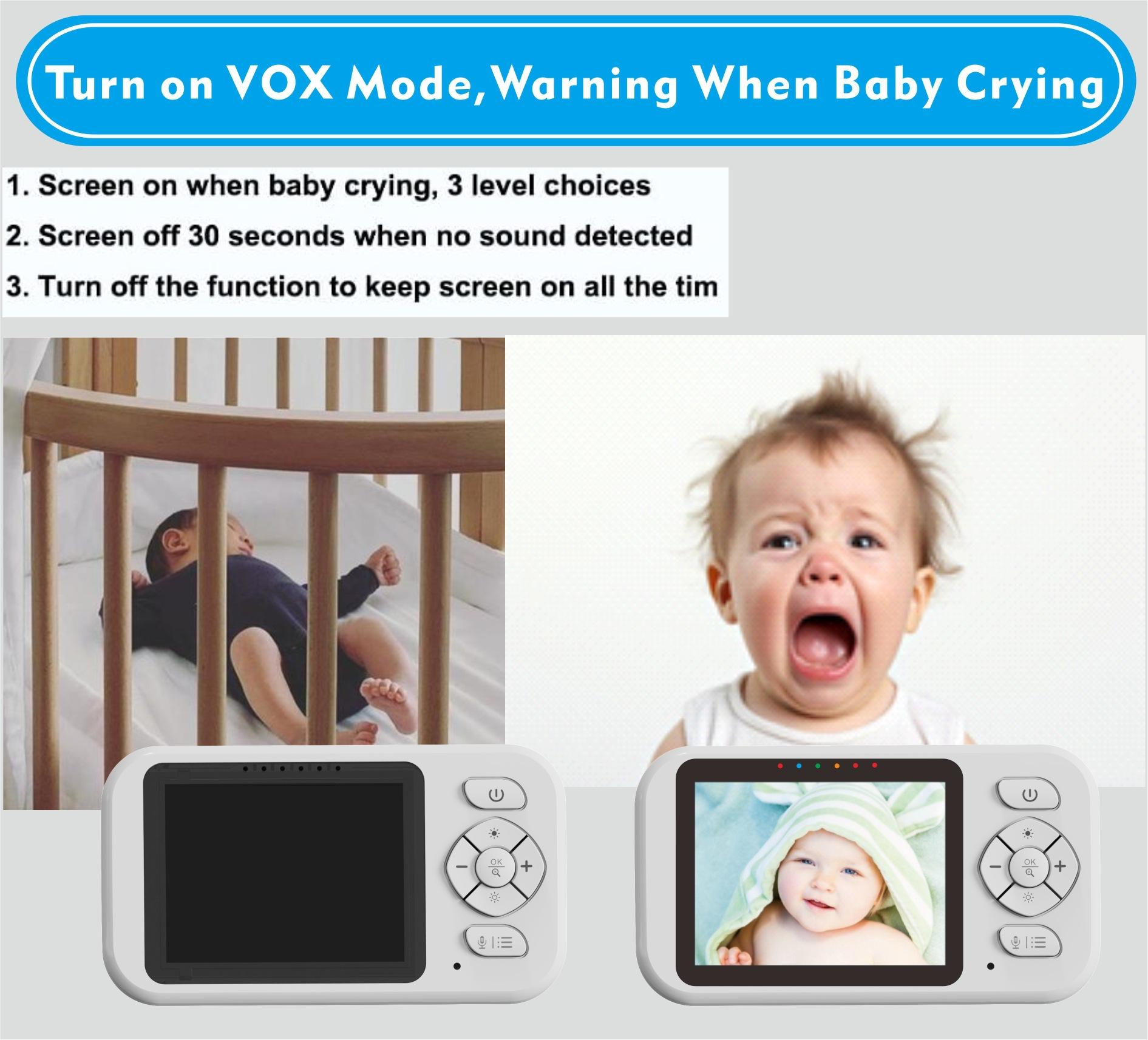 Das Bild zeigt Funktionen des Babyphones. Enthält Bilder eines weinenden Babys, eines schlafenden Babys und der Monitore.