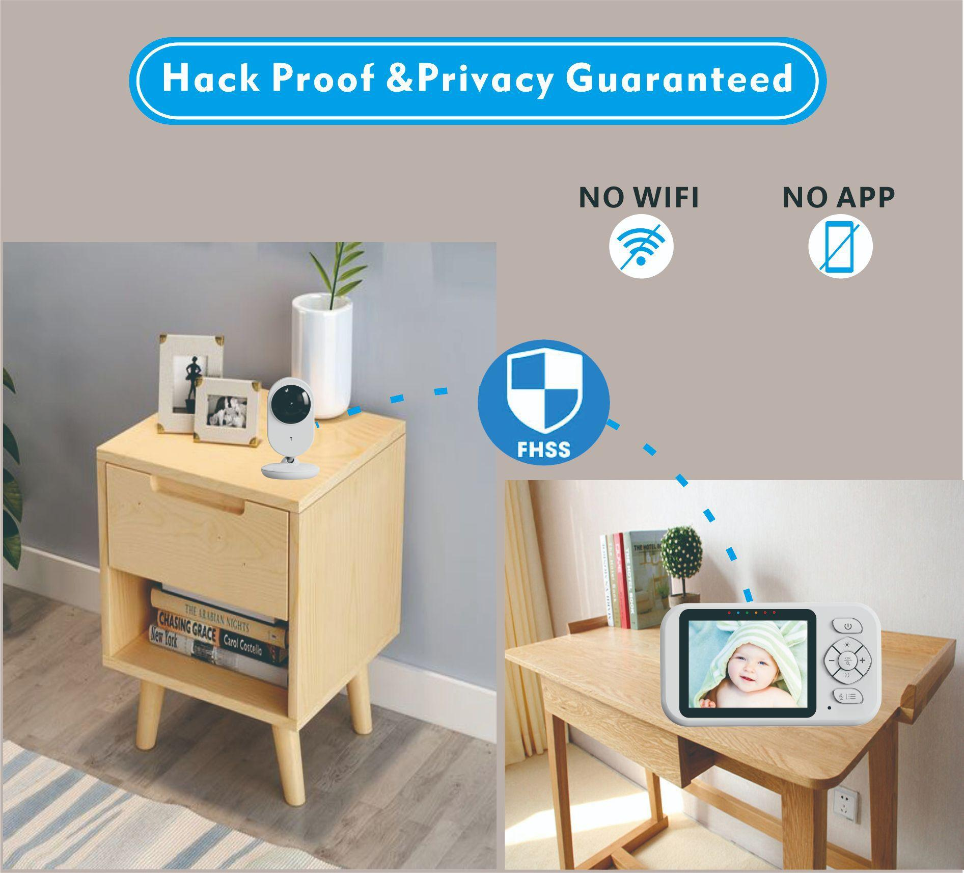 Babyfon-Setup. Eine Kamera auf einem Nachttisch verbindet sich mit einem Bildschirm, der ein Baby zeigt. Text enthält 'Hack Proof' und 'No Wifi'.