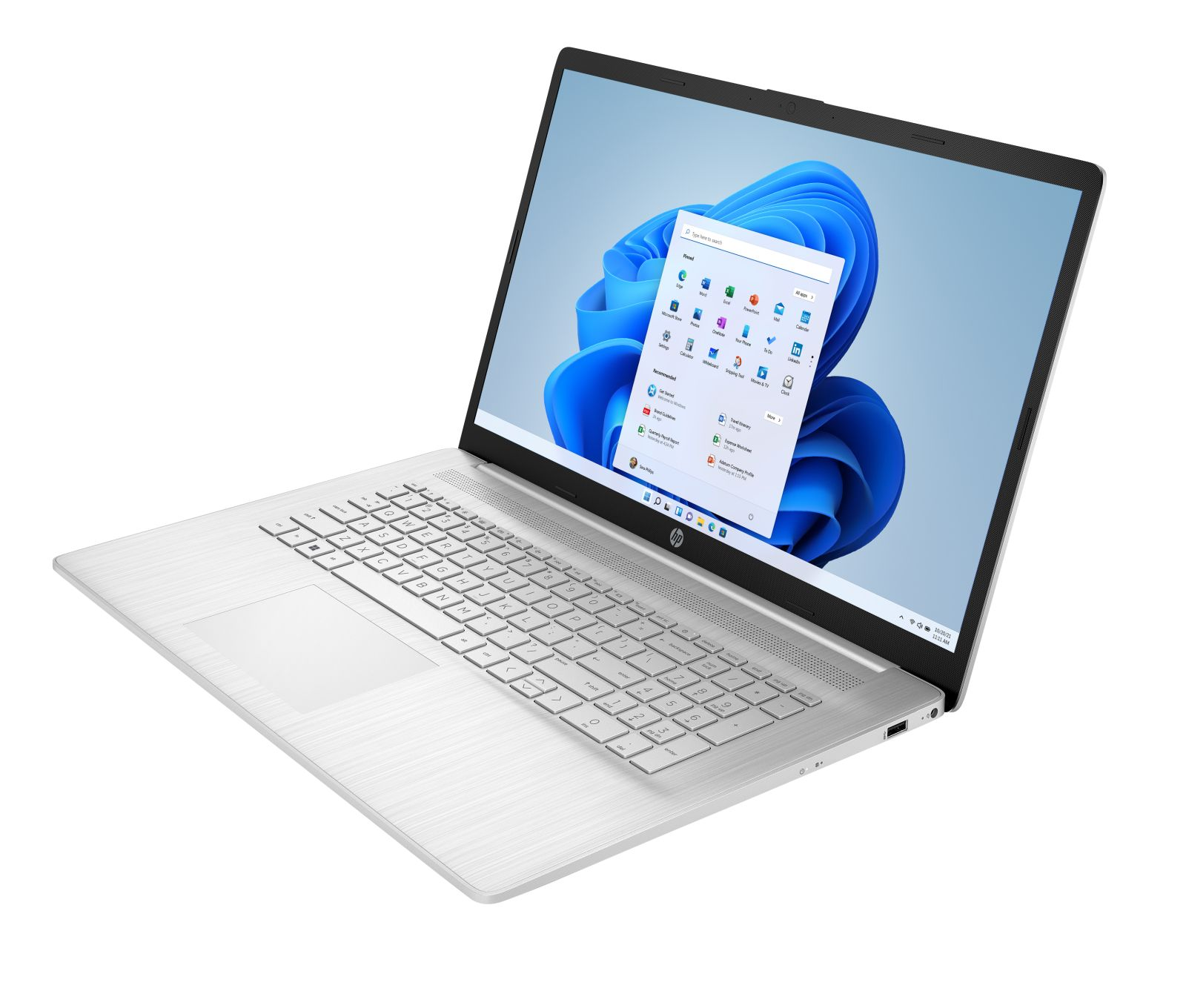 Laptop HP argento aperto, con interfaccia Windows 11. Tastiera visibile, con sfondo blu a spirale sullo schermo.