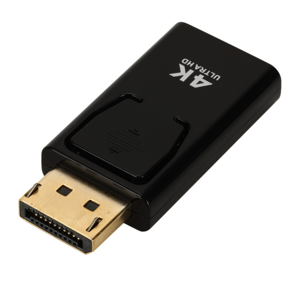 Ein schwarzer 4K Ultra HD DisplayPort-Adapter. Es hat einen goldfarbenen Stecker und ein schwarzes Gehäuse. Der Adapter befindet sich auf weißem Hintergrund.