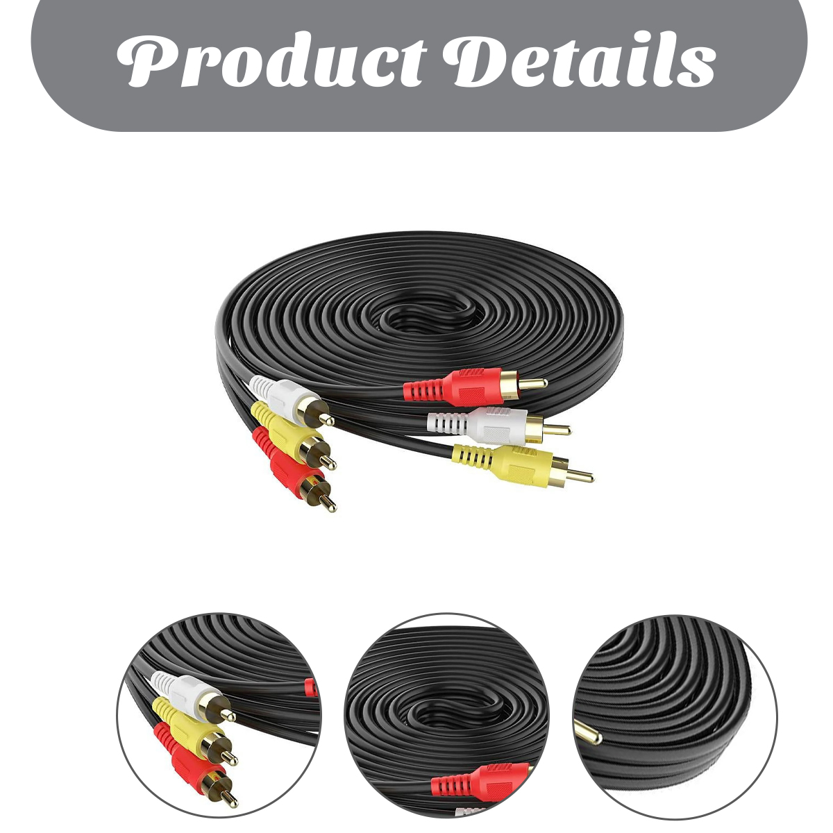 Ein aufgerolltes schwarzes Kabel mit roten, weißen und gelben Cinch-Anschlüssen. Oben steht 'Produktdetails'.