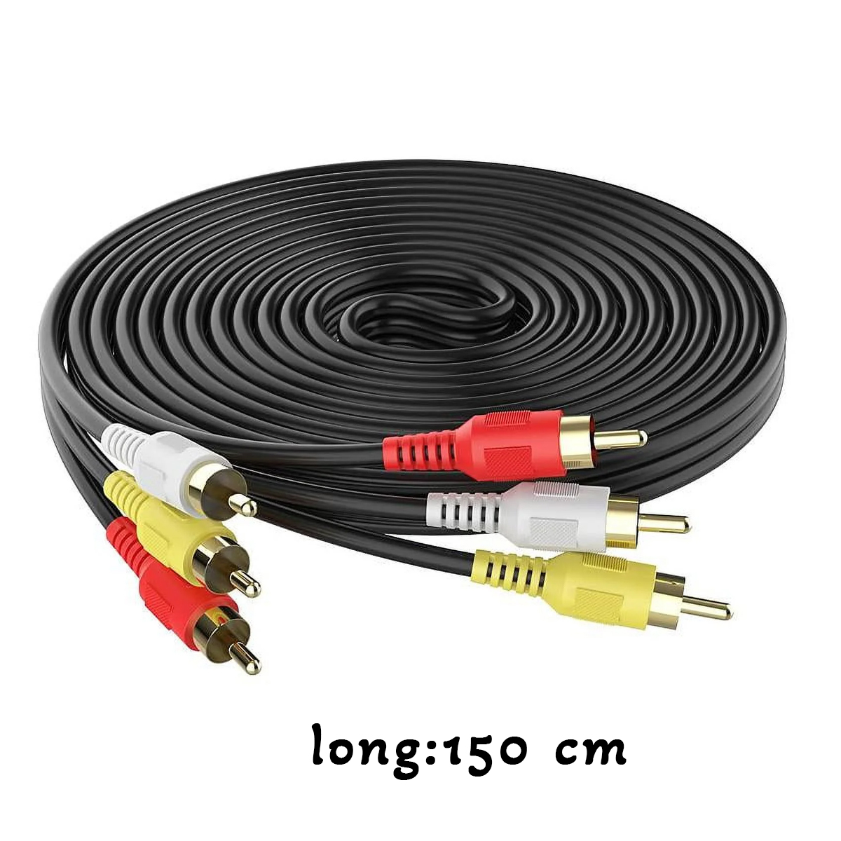 Schwarzes aufgerolltes Kabel mit roten, gelben und weißen Cinch-Anschlüssen. Text unten: 'long:150 cm'.