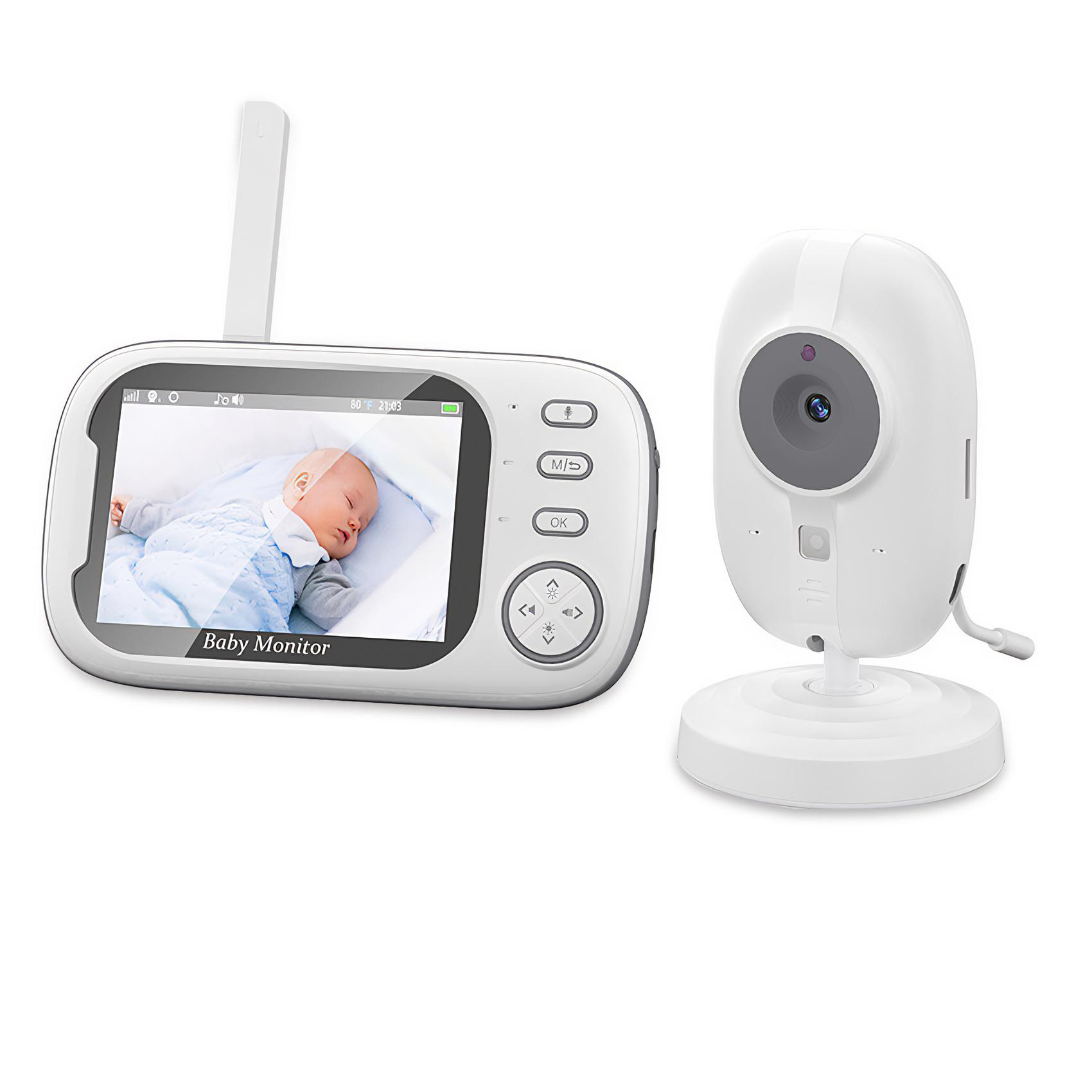 Babyphone zeigt ein schlafendes Baby auf dem Bildschirm. Eine weiße Kamera befindet sich neben dem Monitor.