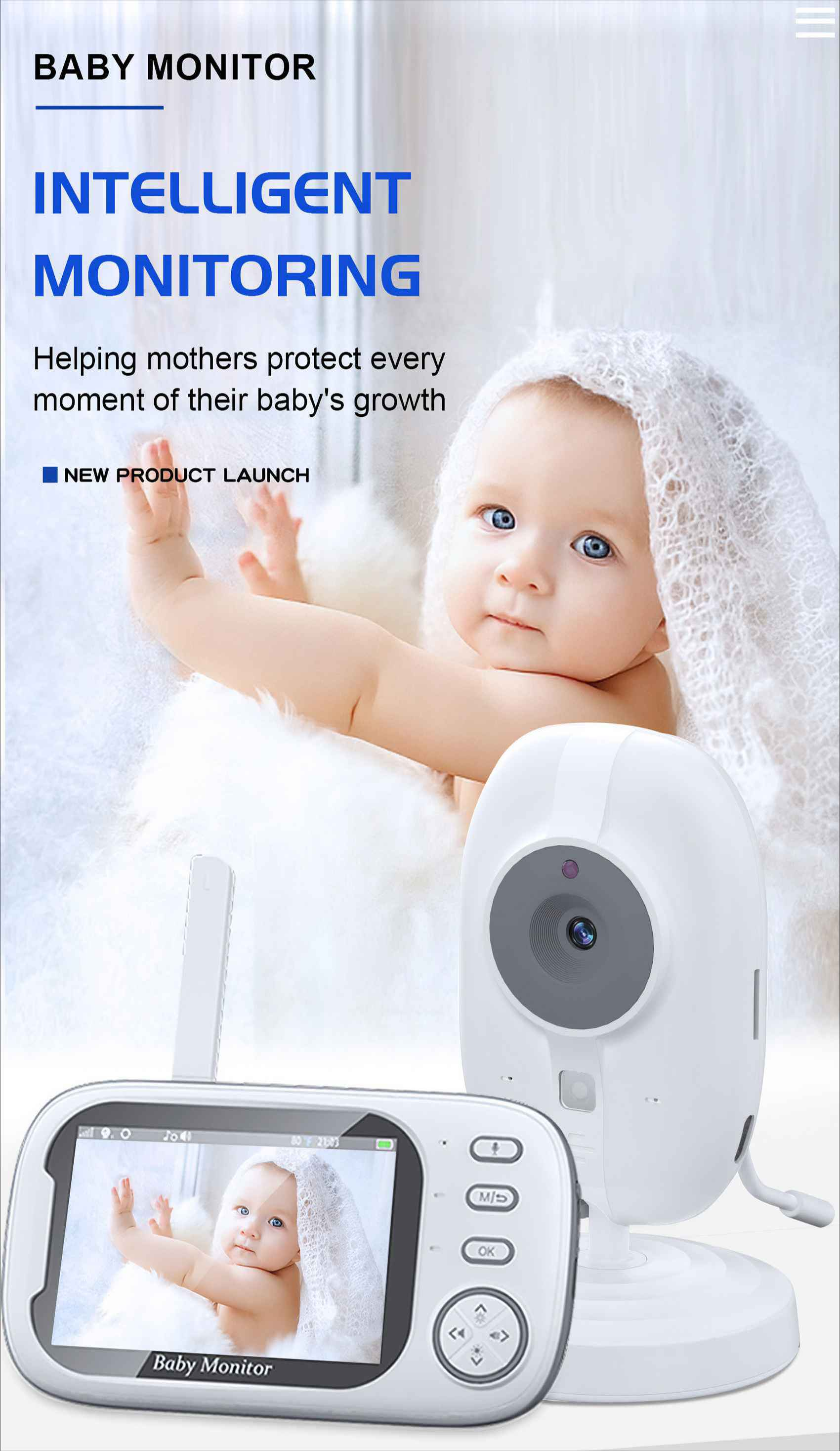 Babyphone mit Baby im Hintergrund. Der Monitor zeigt das Baby. Text: Intelligente Überwachung.