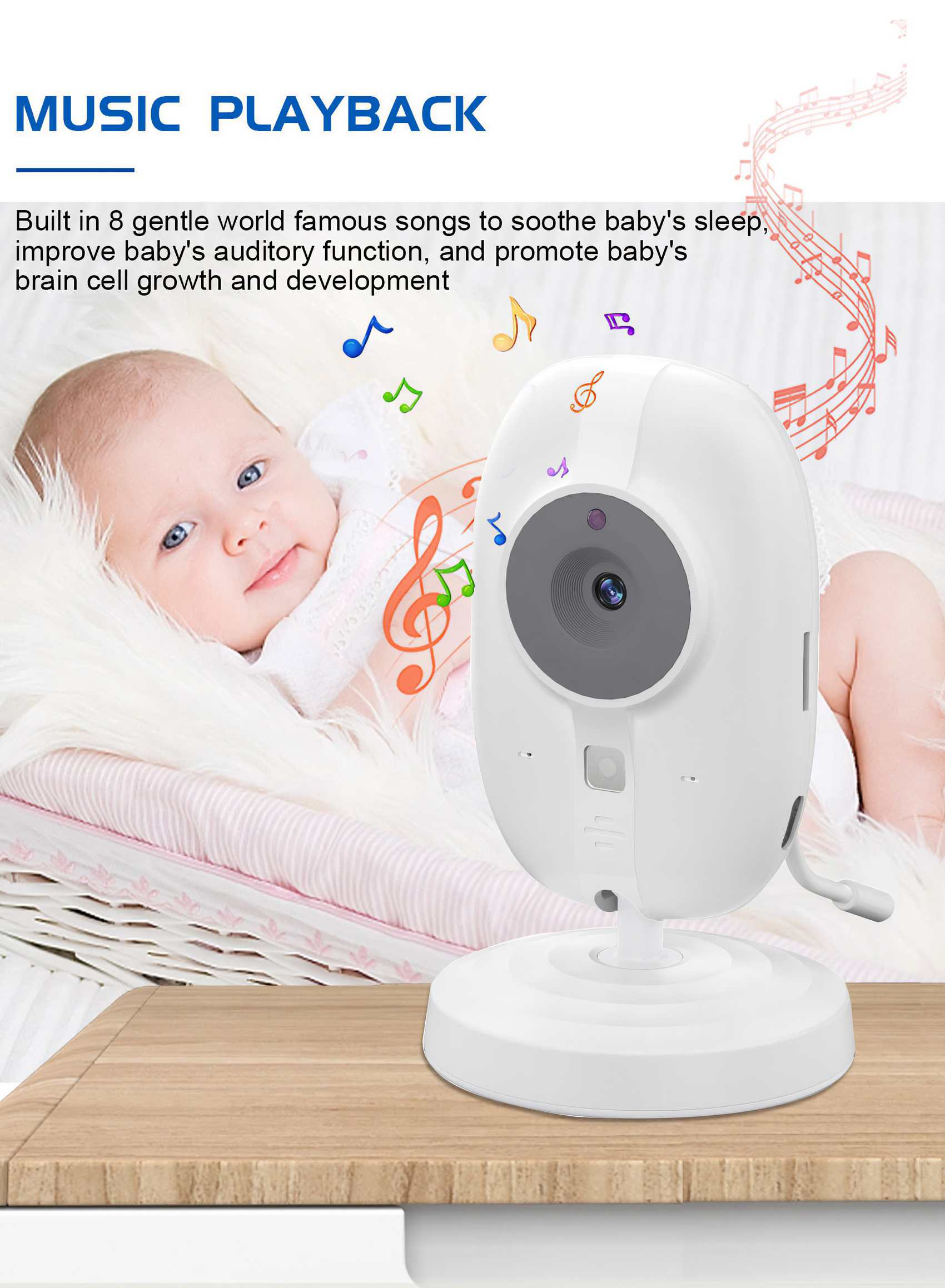 Ein Babyphone mit Baby im Hintergrund, Noten und Text 'Music Playback'.