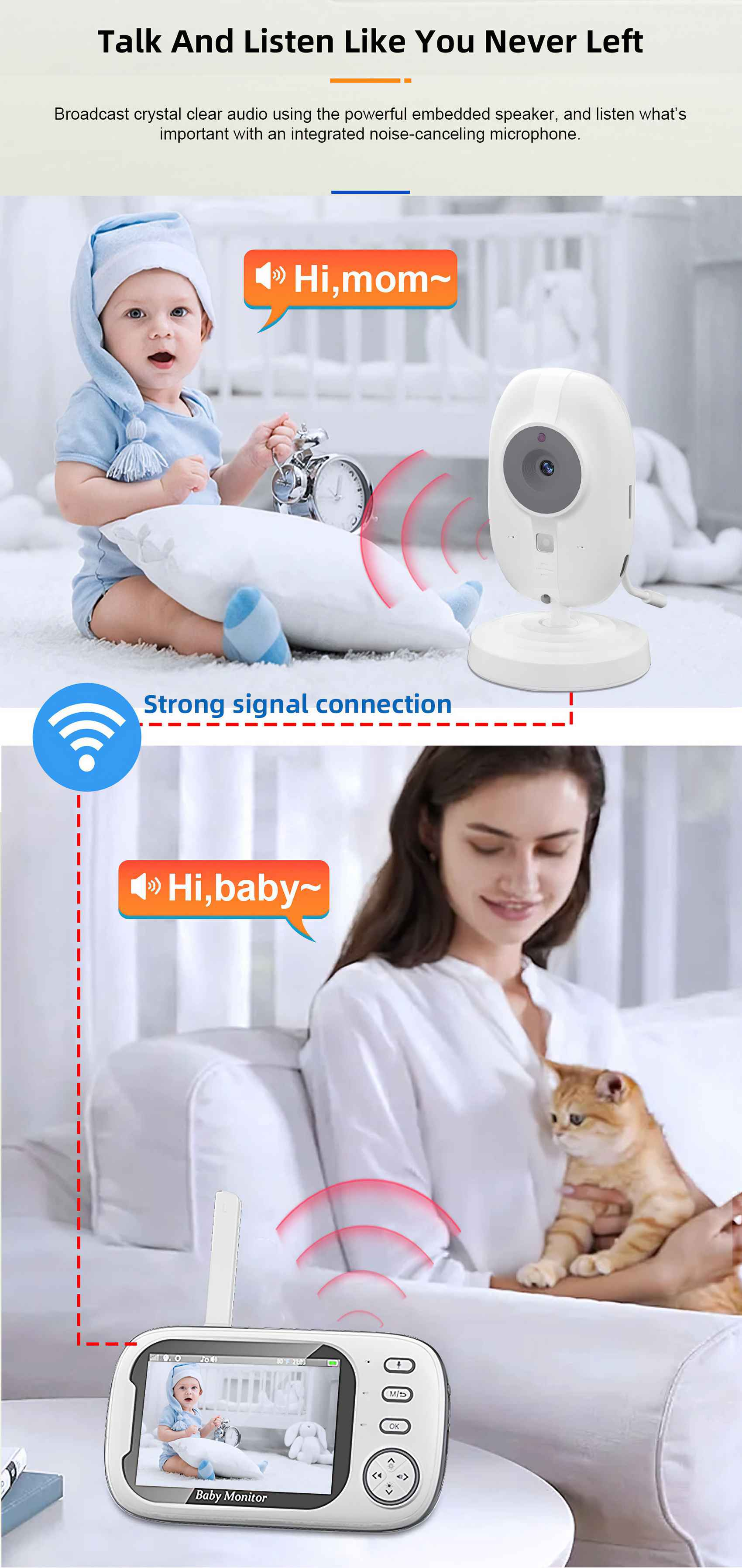 Ein Babyphone mit Baby und Mutter und einer Katze. Es hat eine starke Signalverbindung.
