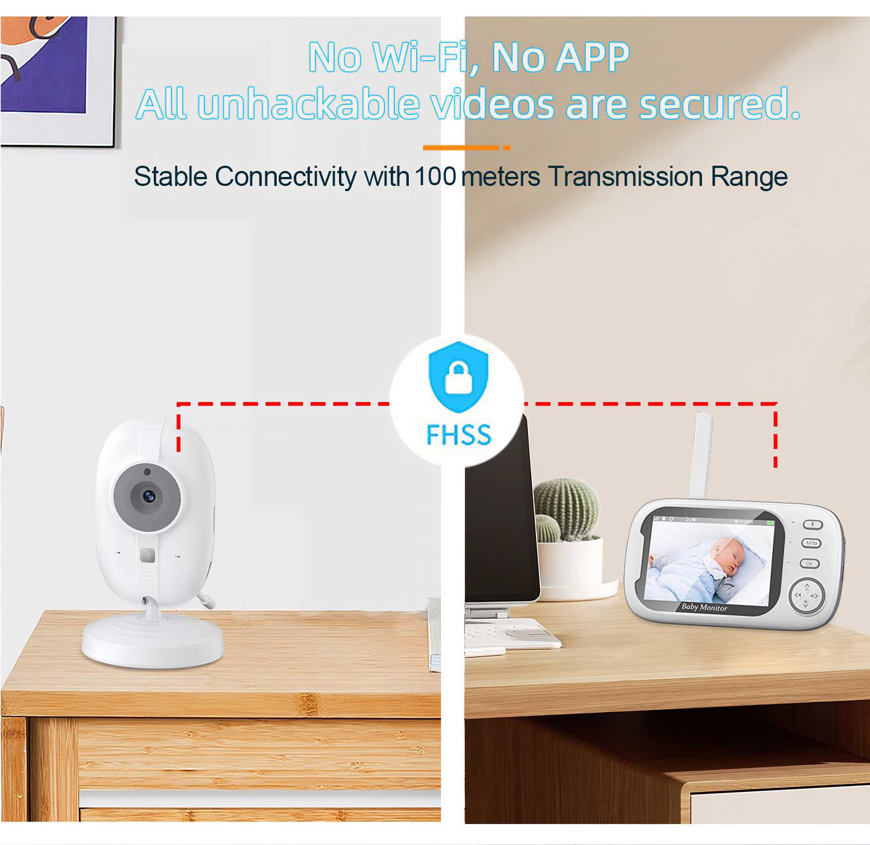 Babyphone-Setup mit Kamera und Bildschirm mit Baby. Text sagt: 'Kein Wi-Fi, keine App, unverwundbare Videos'.