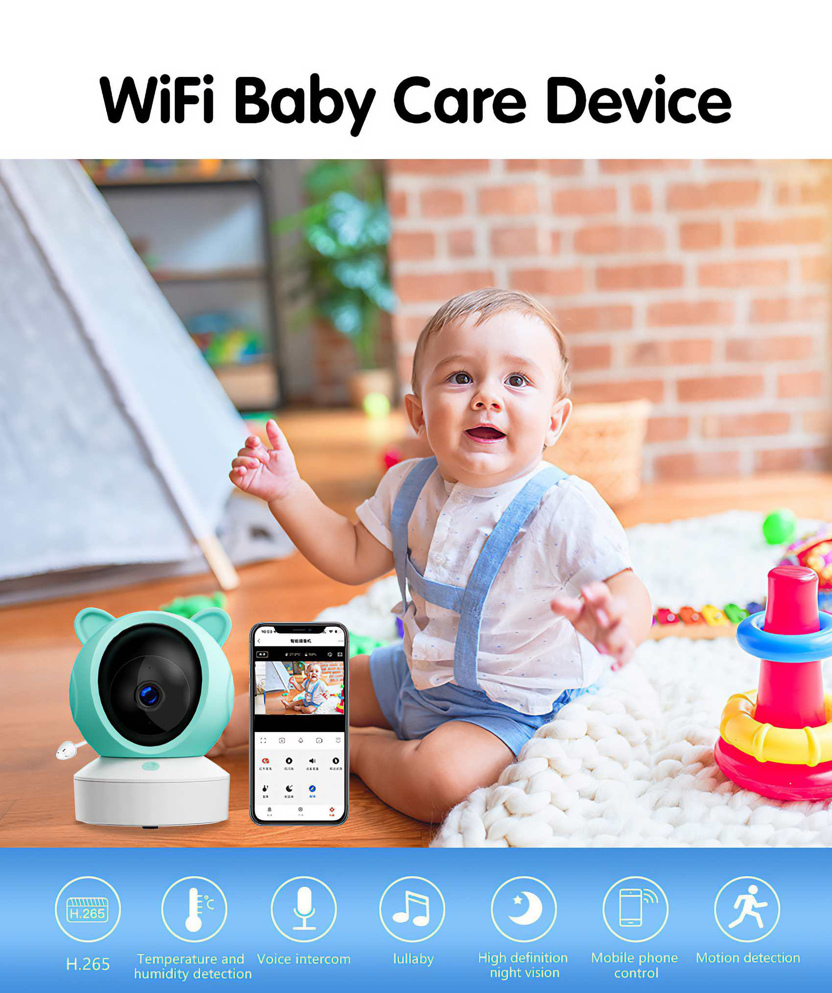 Ein Baby lächelt in die Kamera. Ein Babyphone und ein Telefon befinden sich im Vordergrund, darunter Symbole.