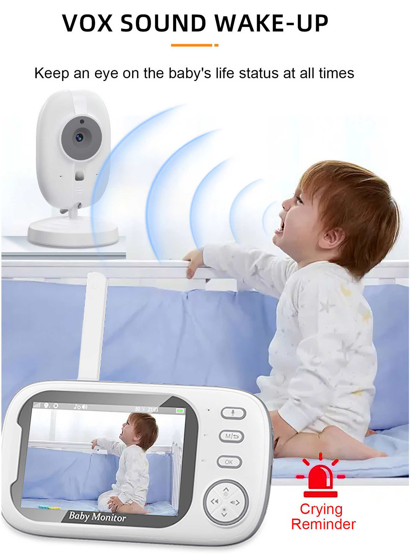 Ein Babyphone zeigt ein weinendes Baby in einem Kinderbett. Eine Kamera, ein Monitor und Text mit einer Weinerinnerung sind sichtbar.