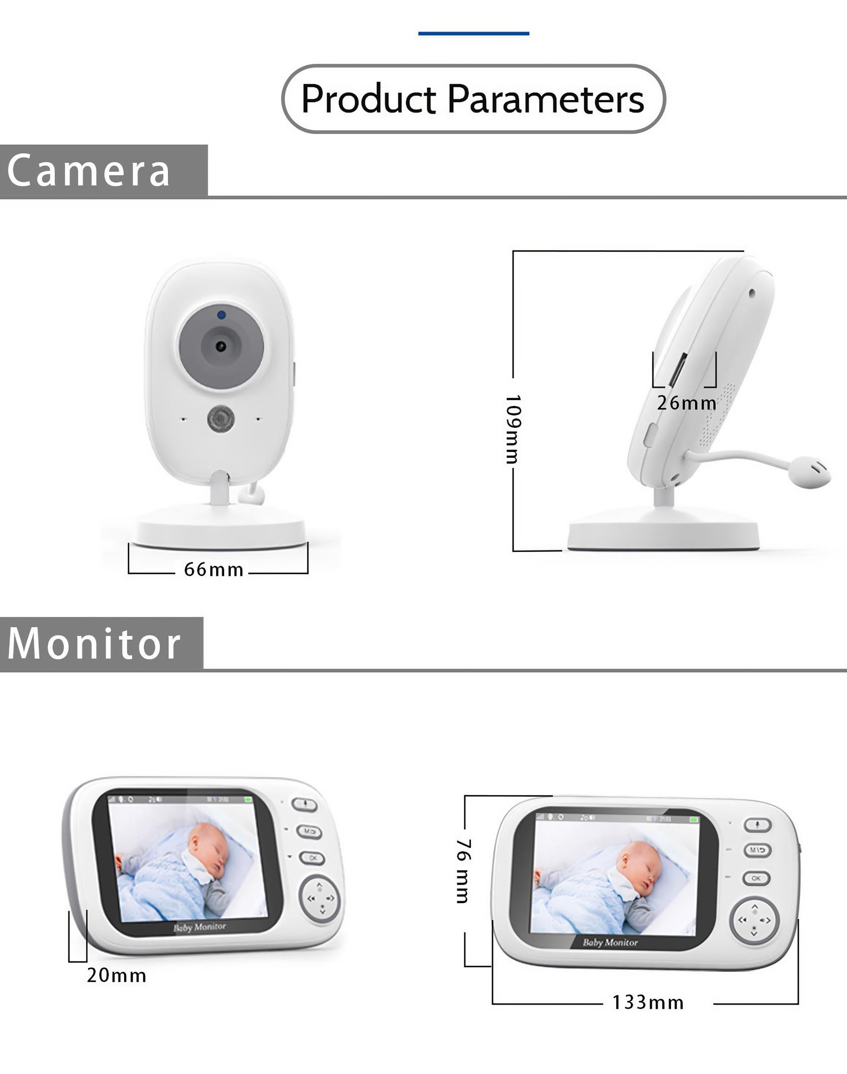 Diagramm mit Babyphone-Komponenten: Kamera und Monitor. Kamera ist weiß, Monitor zeigt schlafendes Baby.