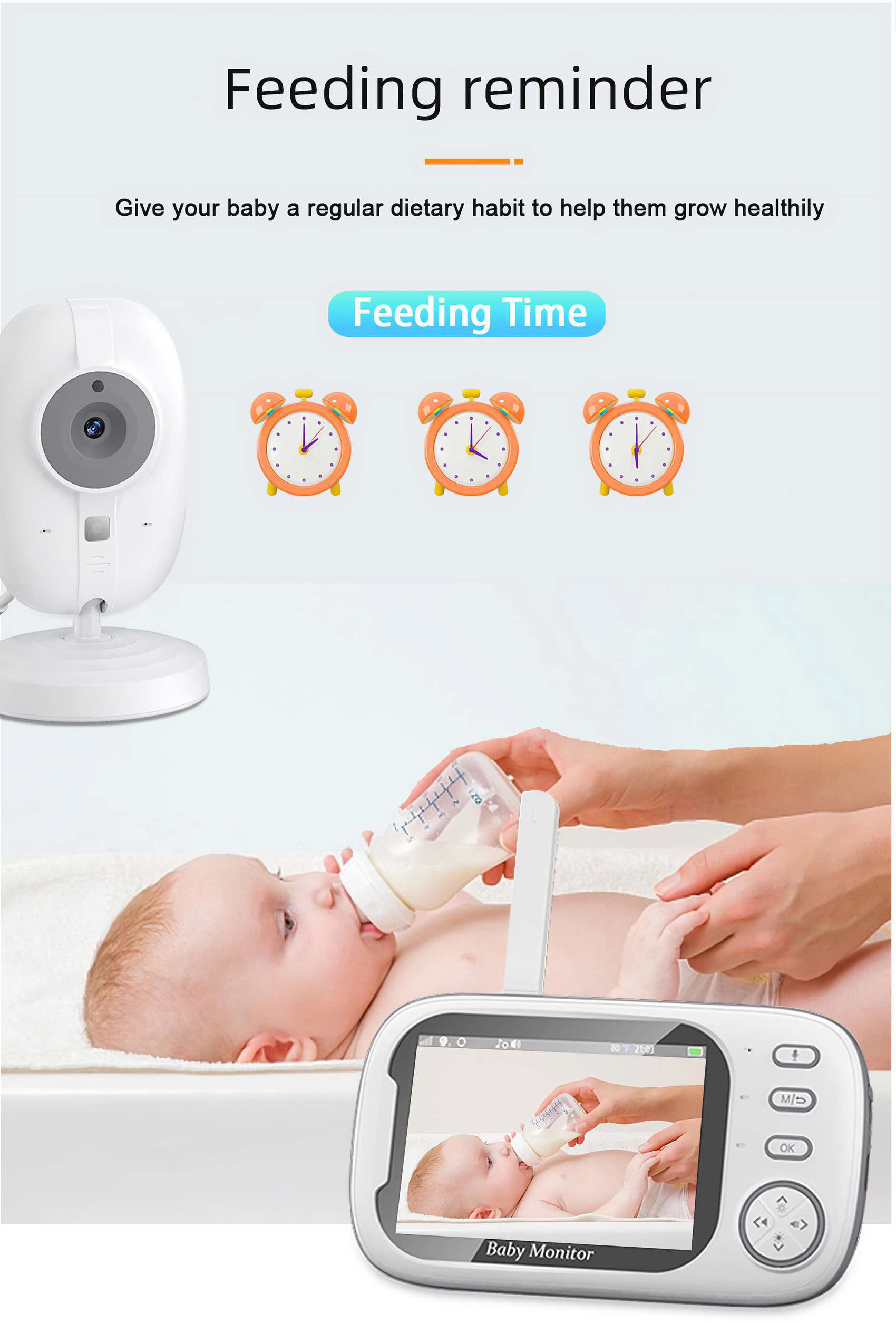 Ein Baby wird mit Milch aus einer Flasche gefüttert. Ein Babyphone und Uhrensymbole sind ebenfalls im Bild zu sehen.
