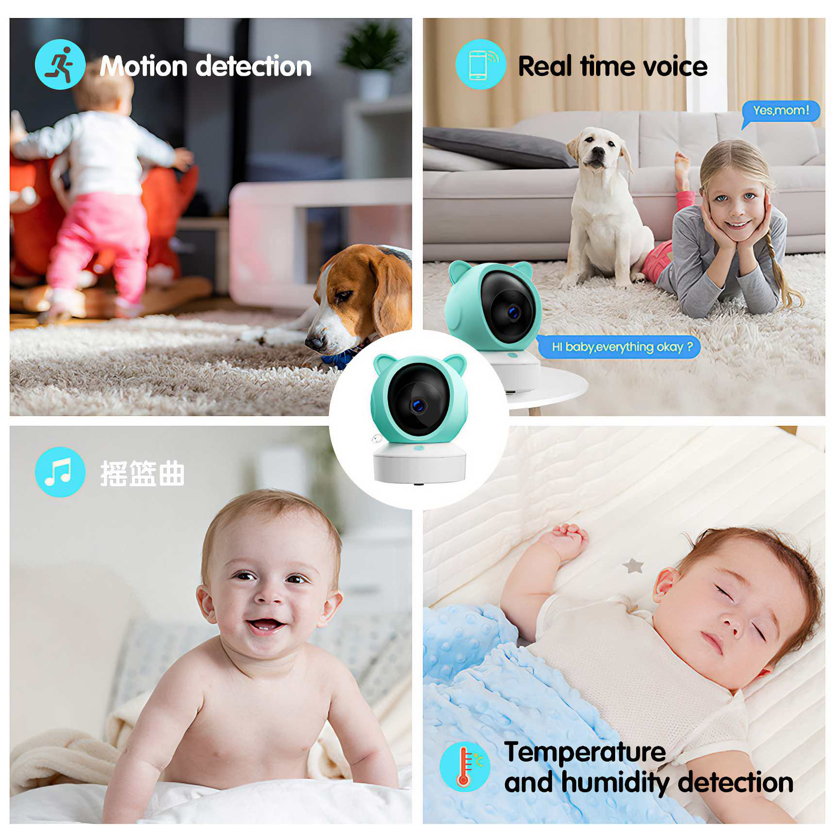 Das Bild zeigt einen Baby-Monitor mit Funktionen wie Bewegungserkennung, Echtzeit-Sprache, Schlafliedern und Temperatur-/Feuchtigkeitserkennung.
