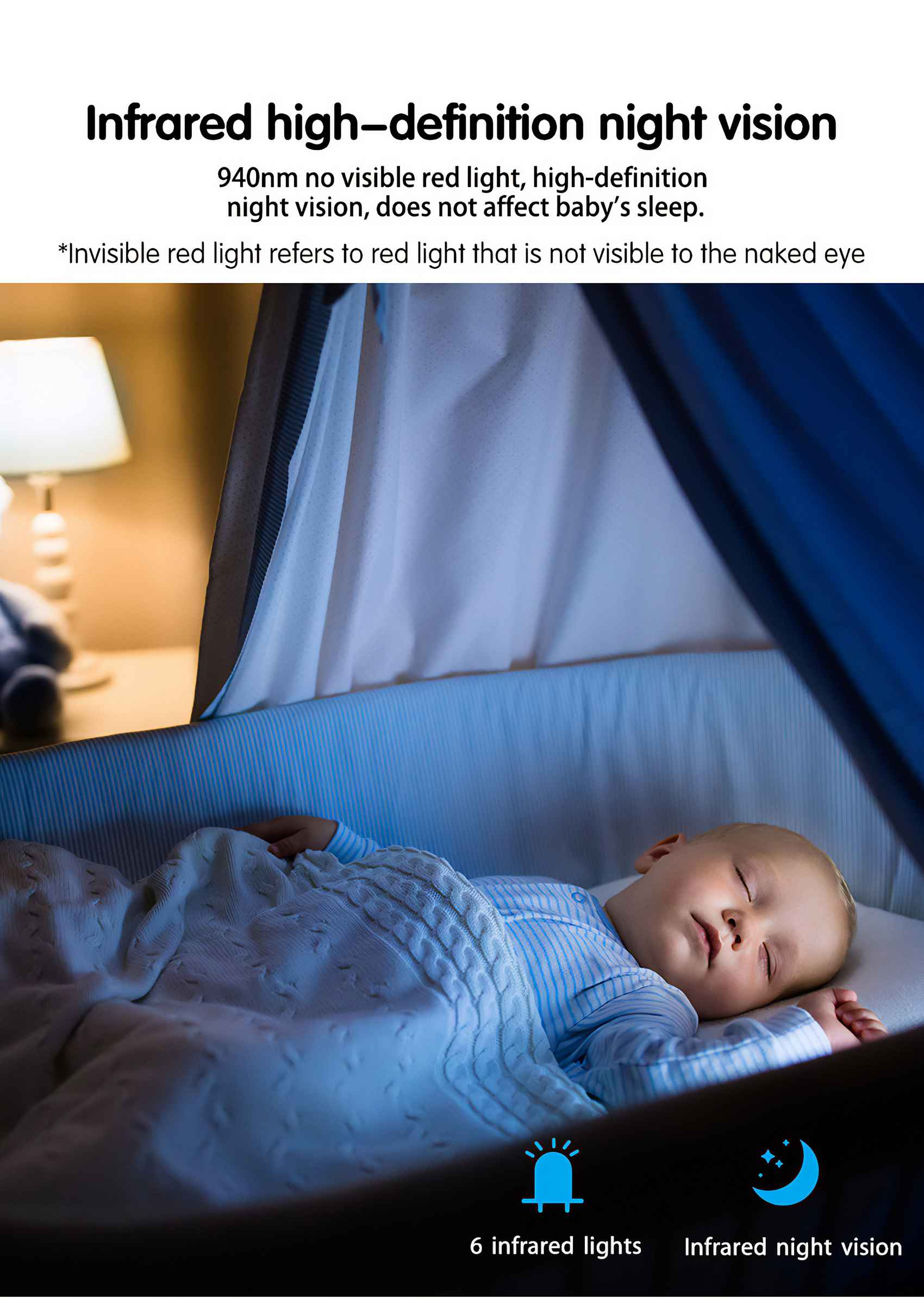 Schlafendes Baby in einem Kinderbett. Blau-weiß gestreifter Pyjama, bedeckt von einer weißen Decke, mit Text über Nachtsicht.