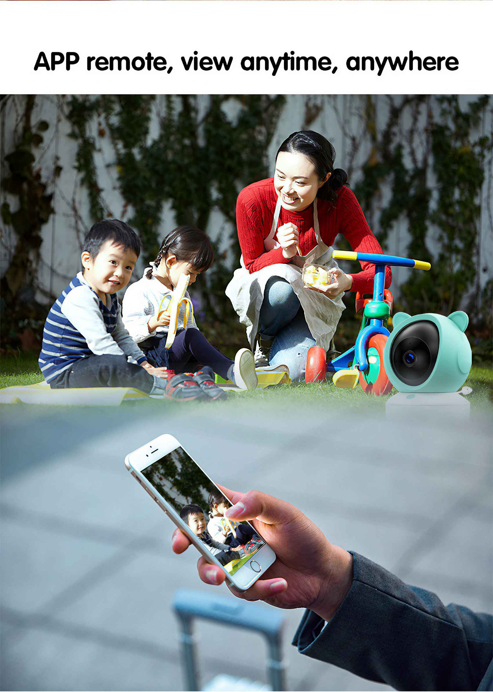 Eine Frau und zwei Kinder mit einer Überwachungskamera. Ein Telefon zeigt die Kinder. Ein Dreirad ist in der Nähe.