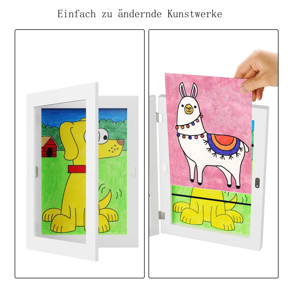 Zwei weiße Rahmen zeigen Kunst. Einer hat eine Hundezeichnung, der andere ein Lama. Eine Hand wechselt die Kunst im Lama-Rahmen.