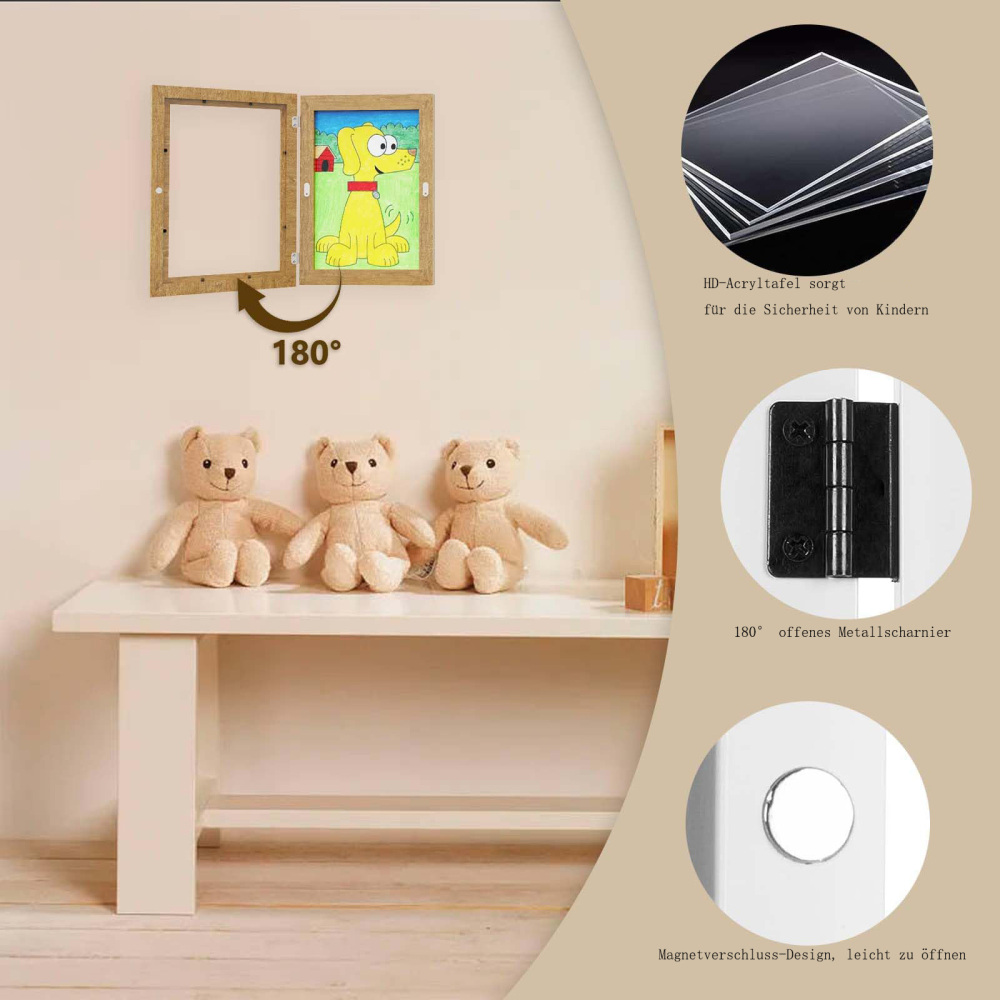 Gerahmte Hundezeichnung, drei Teddybären auf einem weißen Tisch und Details von Scharnier und Acrylplatte.