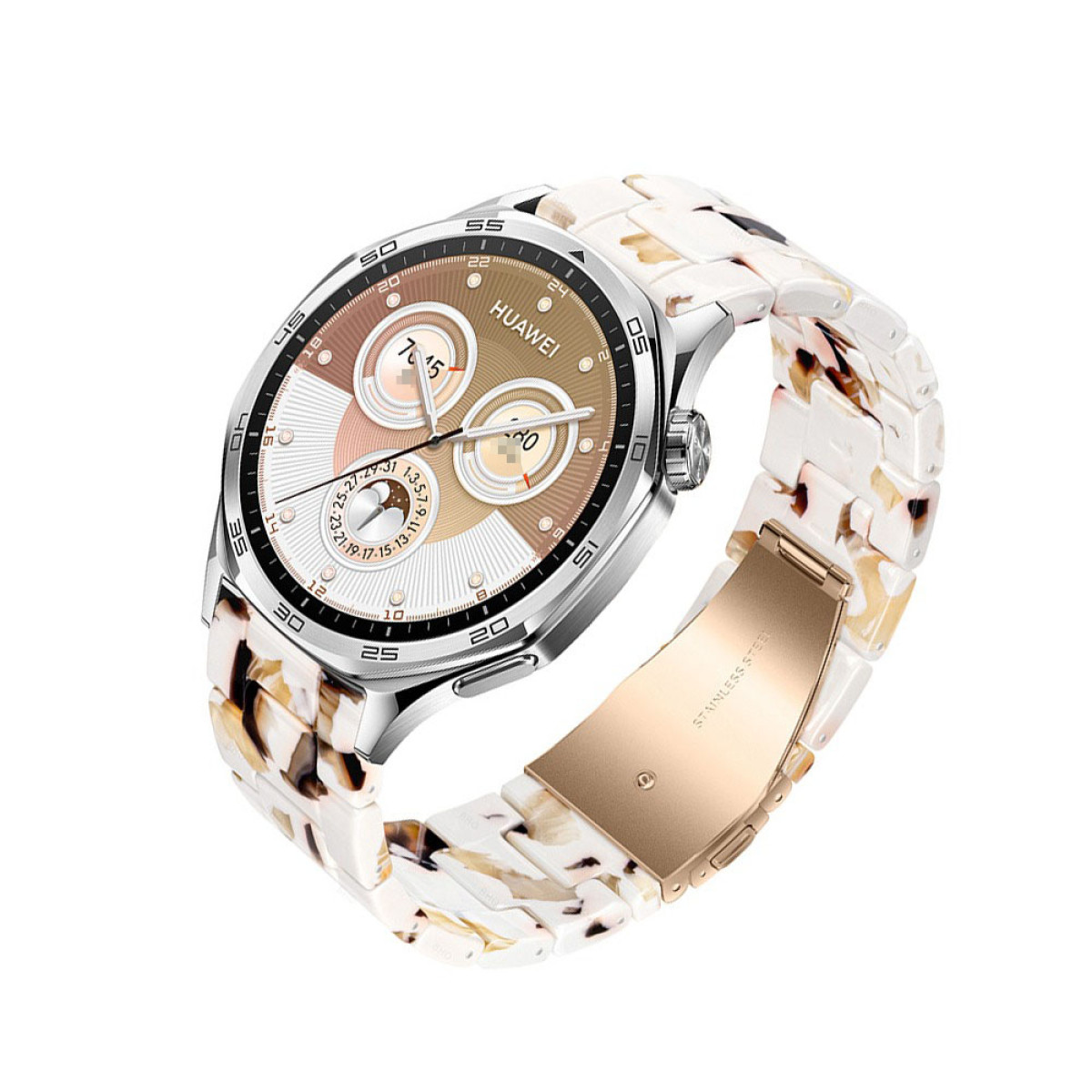 Uno smartwatch Huawei con cinturino a fantasia bianco e marrone, cassa color oro e schermo con dati.