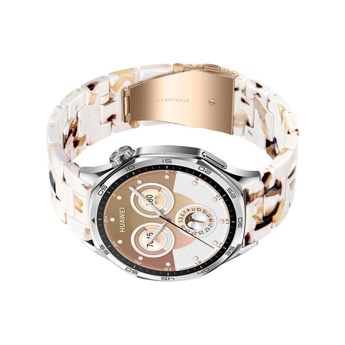 Uno smartwatch Huawei con un cinturino bianco e marrone fantasia. Il quadrante è oro e argento, che mostra l'ora e i dati.