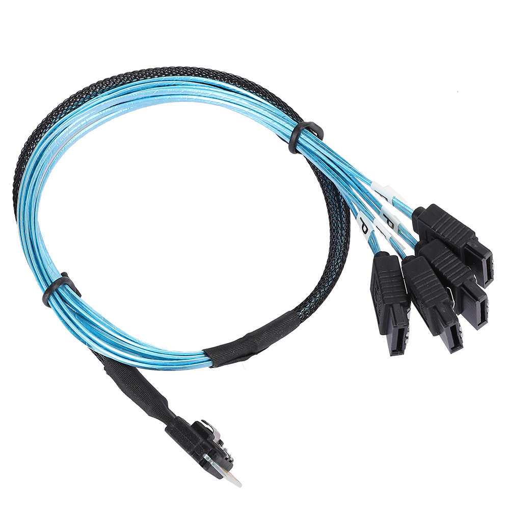 Ein blau-schwarzes SATA-Datenkabel. Es hat mehrere Anschlüsse an einem Ende und einen einzelnen Anschluss am anderen.