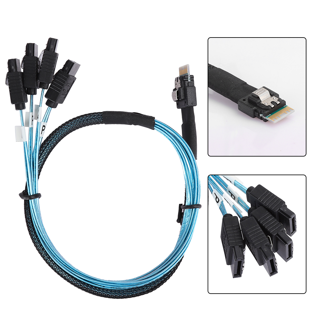 Ein SATA-Kabel mit schwarzen Steckern und blauen Drähten. Es hat ein Hauptkabel und mehrere kleinere. Es gibt drei zusätzliche Nahaufnahmen.