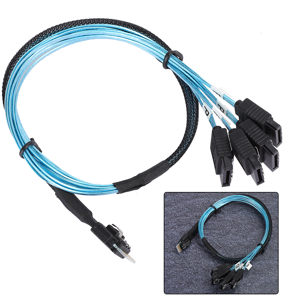 Ein blaues SATA-Kabel mit schwarzen Steckern und Netz. Ein kleineres Bild des Kabels befindet sich in der unteren rechten Ecke.