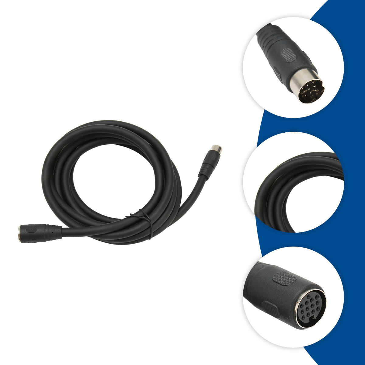 Ein schwarzes S-Video-Kabel mit Steckern. Detaillierte Ansichten der Stecker in Kreisen. Weißer Hintergrund mit blauem Akzent.