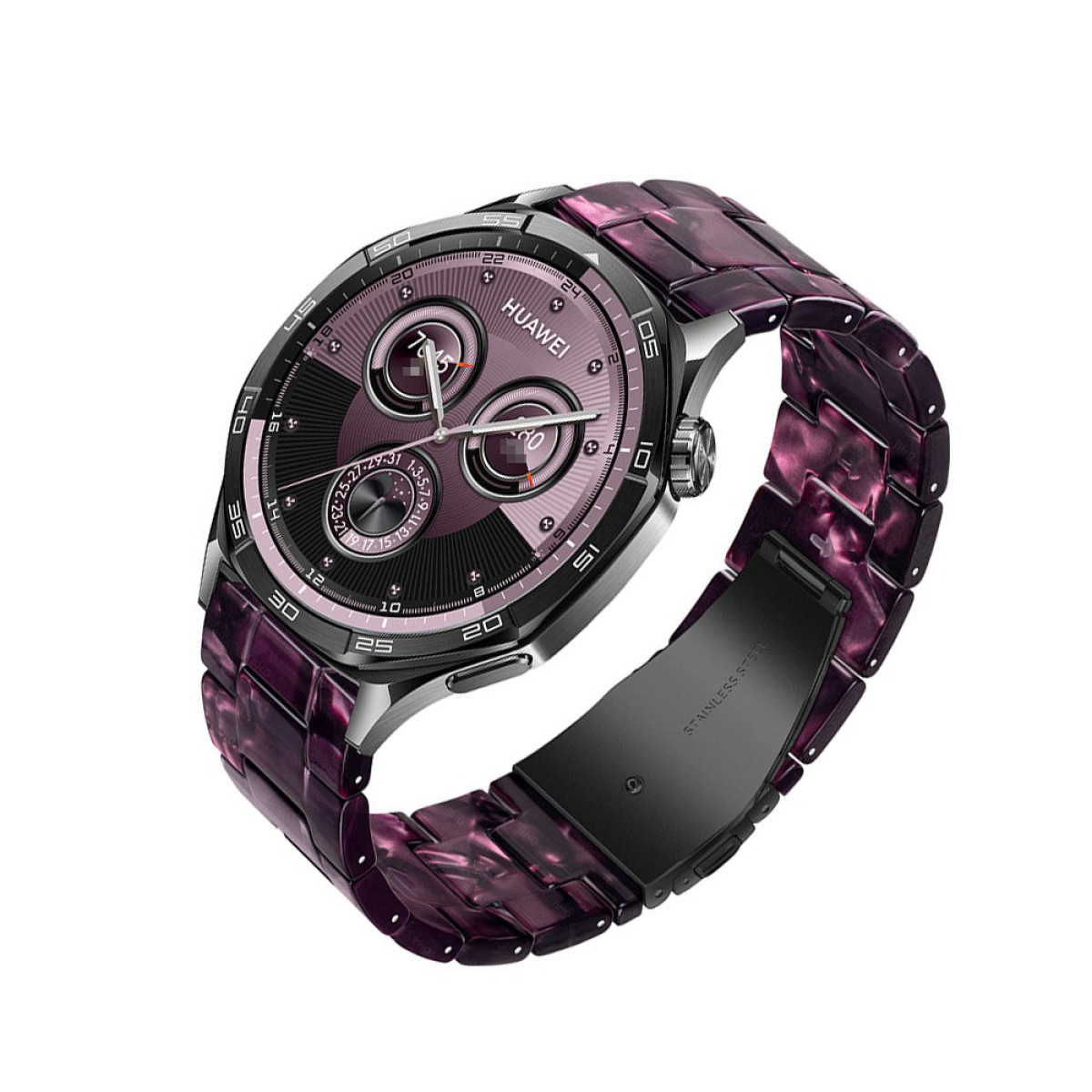 Eine Huawei-Smartwatch mit einem lila marmorartigen Armband. Das Zifferblatt ist schwarz und rosa und zeigt Uhrzeit und Datum.