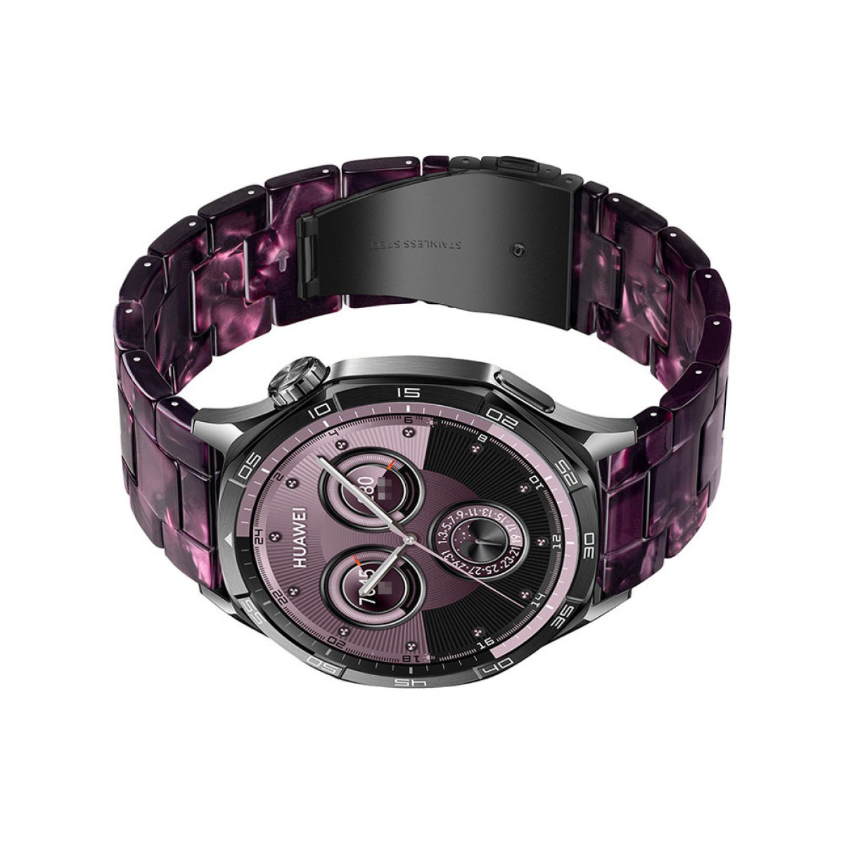 Eine Huawei-Smartwatch mit einem Armband in lila Marmormuster. Das Zifferblatt ist rosa und schwarz und zeigt Zeit- und Datumsangaben.