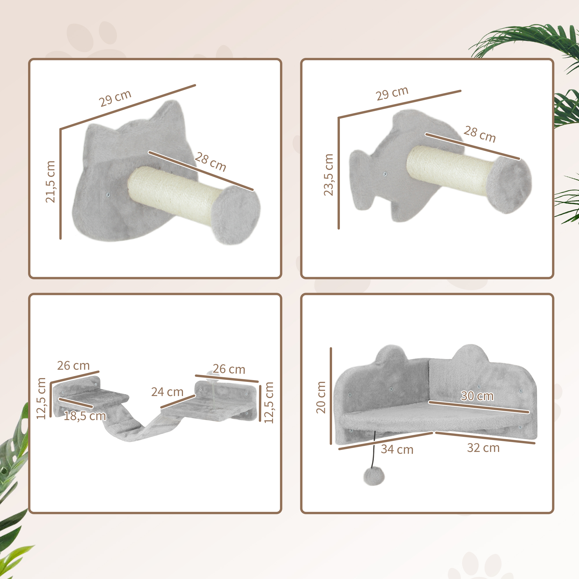 Cuatro muebles para gatos con dimensiones, color gris. Incluye un montaje de pared con forma de gato, uno con forma de pez, un puente y un sofá.