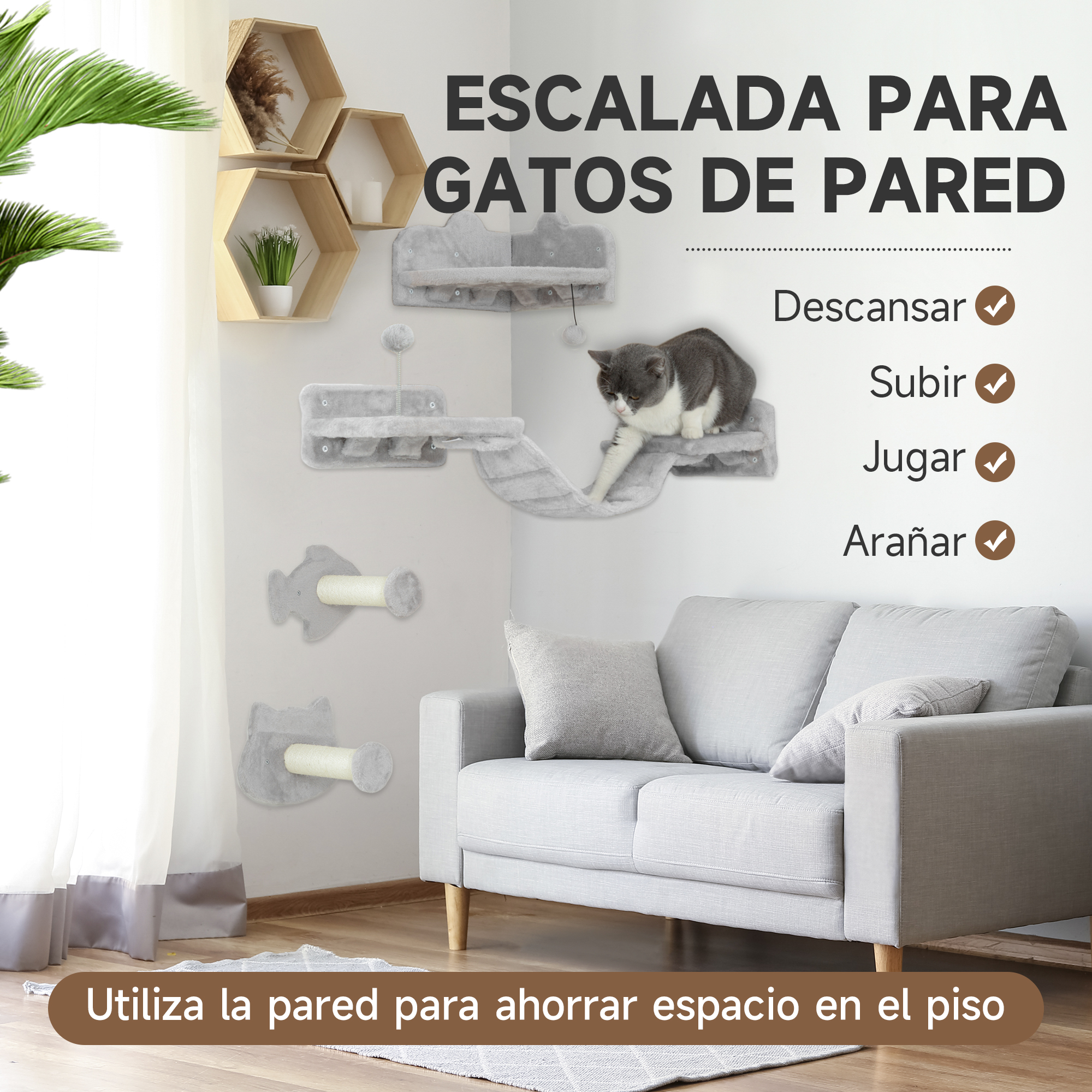 Un gato trepa por un árbol para gatos montado en la pared. Cuenta con estantes, postes rascadores y un sofá.