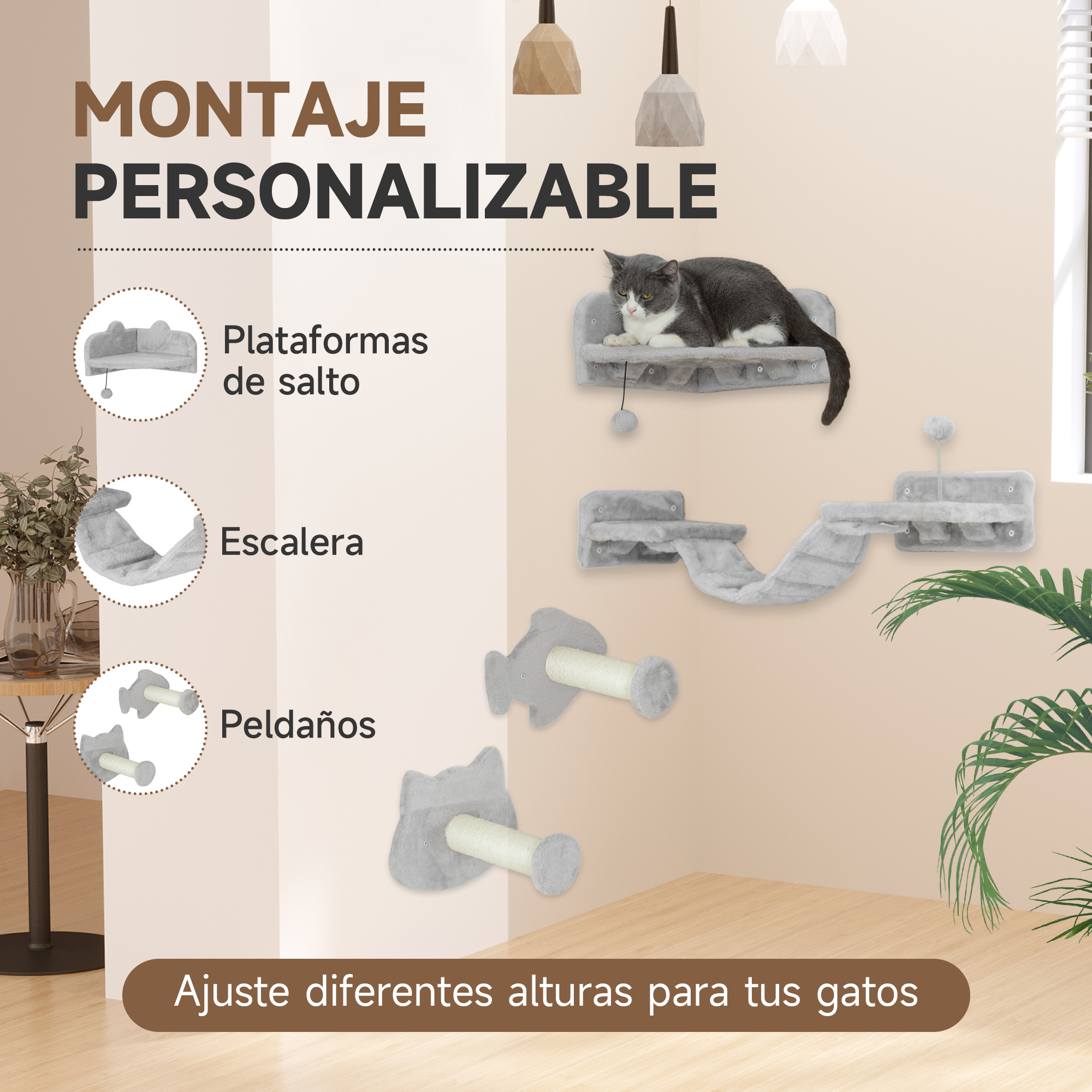 Un gato en un árbol para gatos montado en la pared. Tiene escalones, plataformas y postes para rascar. El texto dice: alturas ajustables para tus gatos.