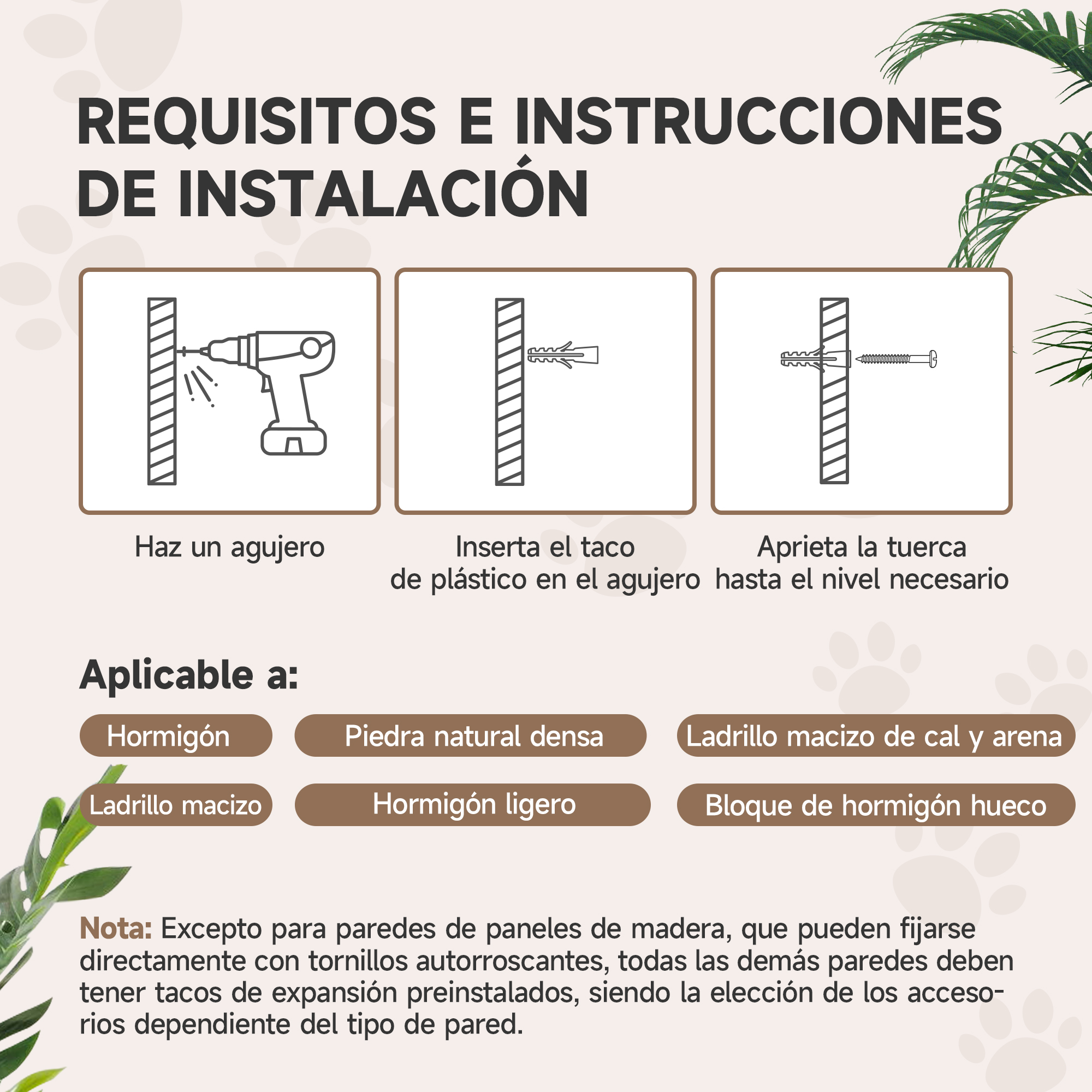 Instrucciones de instalación con diagramas: taladrar, insertar taco de plástico y apretar tornillo. Incluye materiales aplicables.