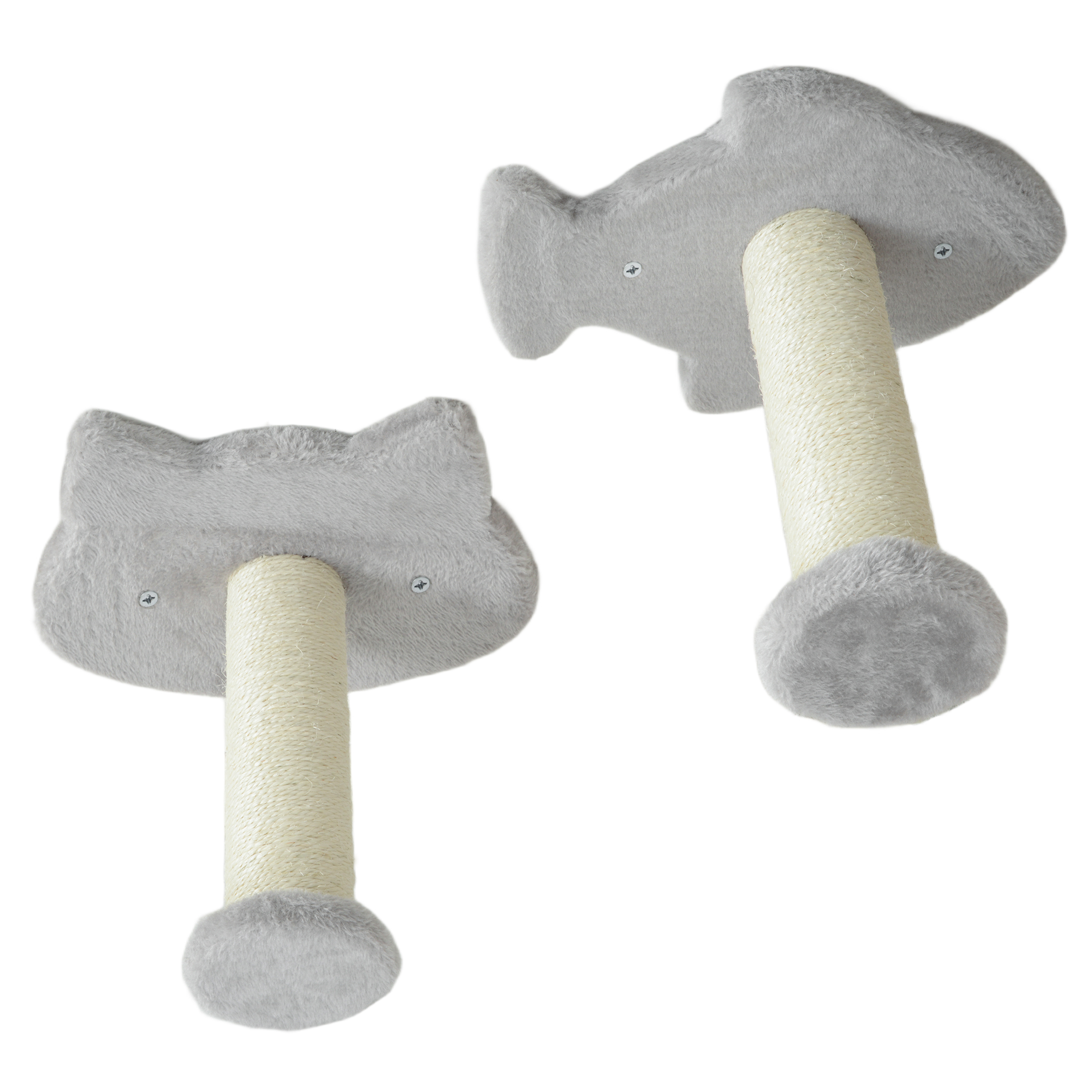 Dos rascadores para gatos. Uno con forma de gato, otro de pez. Ambos grises con columnas de cuerda y fondo blanco.