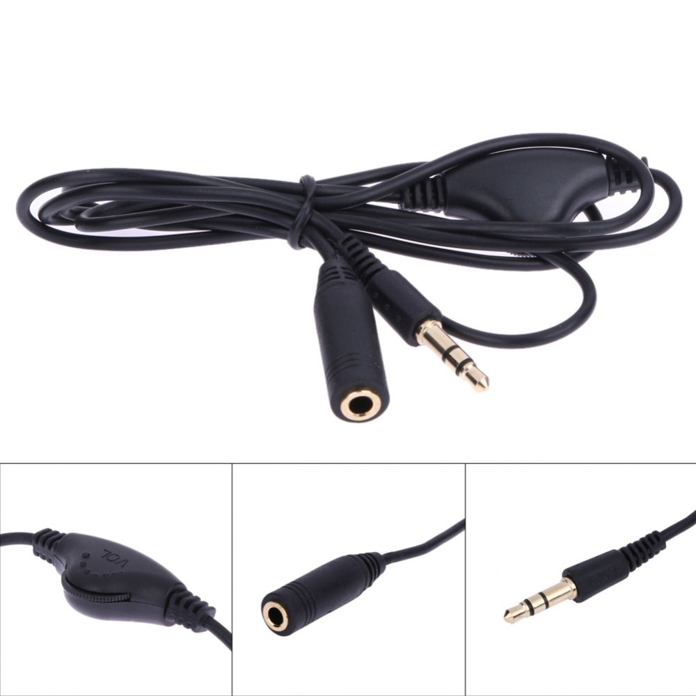Ein schwarzes Audiokabel mit Lautstärkeregler, einer Buchse und einem Stecker mit goldfarbenen Kontakten.