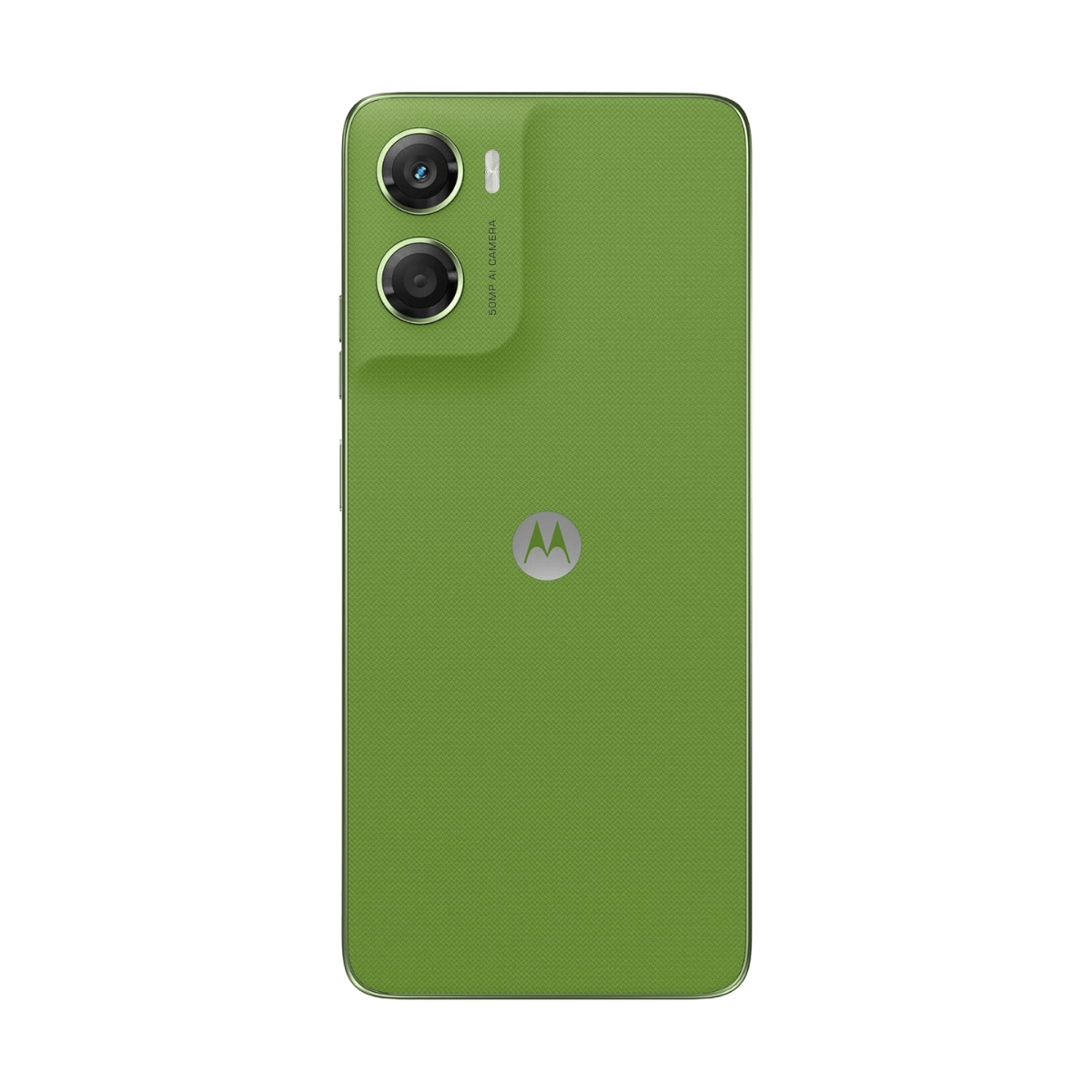 Zielony smartfon Motorola, widok z tyłu, z podwójnym aparatem i logo Motorola. Telefon ma teksturowaną powierzchnię.