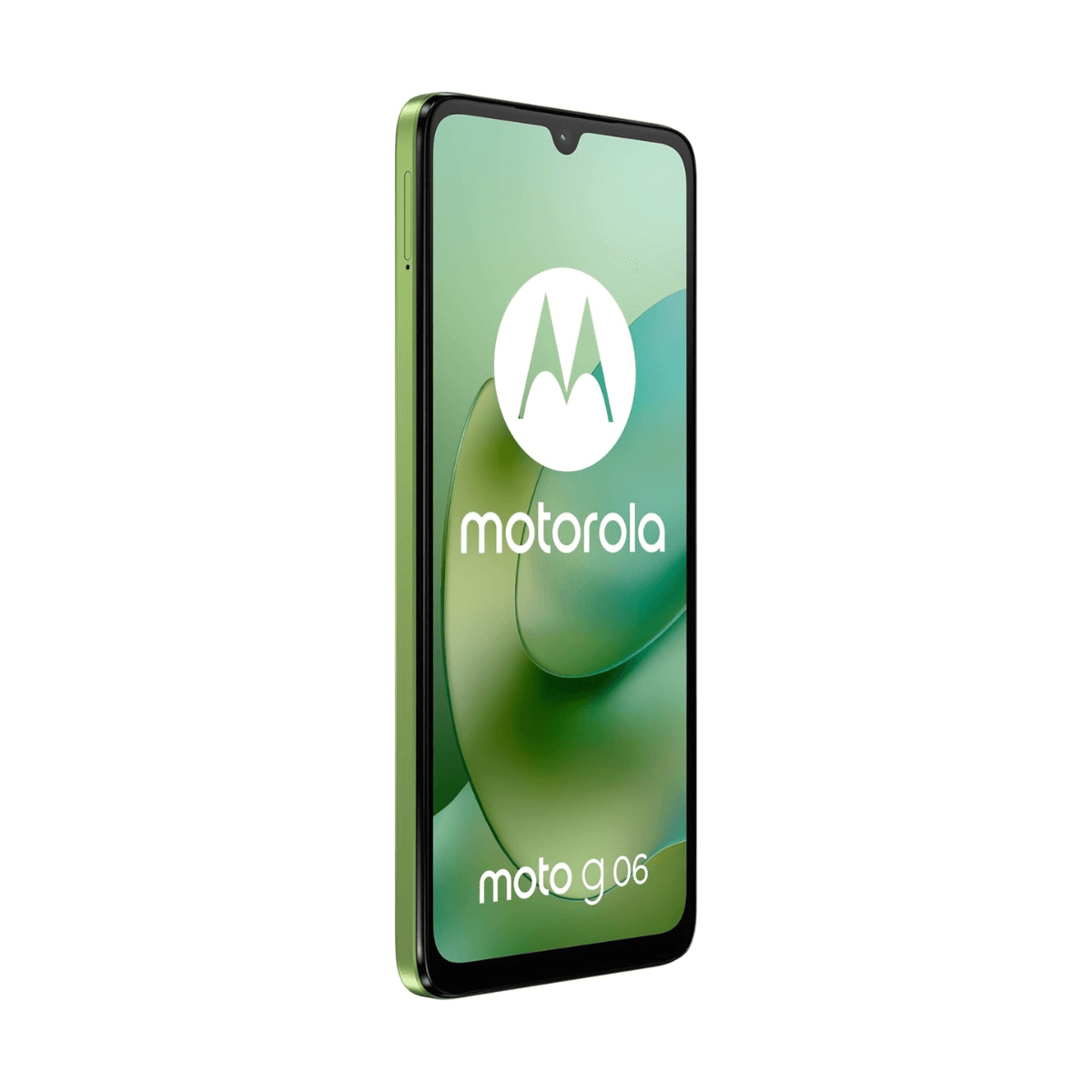 Zielony smartfon Motorola Moto g06. Ekran wyświetla logo Motoroli i zielony abstrakcyjny wzór. Telefon jest na białym tle.