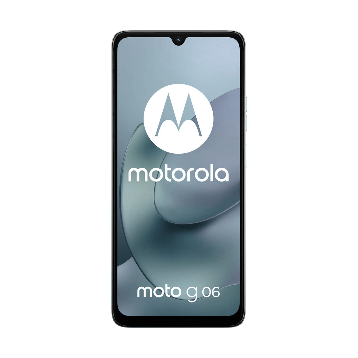 Smartfon Motorola Moto G06. Ekran wyświetla logo Motorola w białym okręgu i falistym tle.