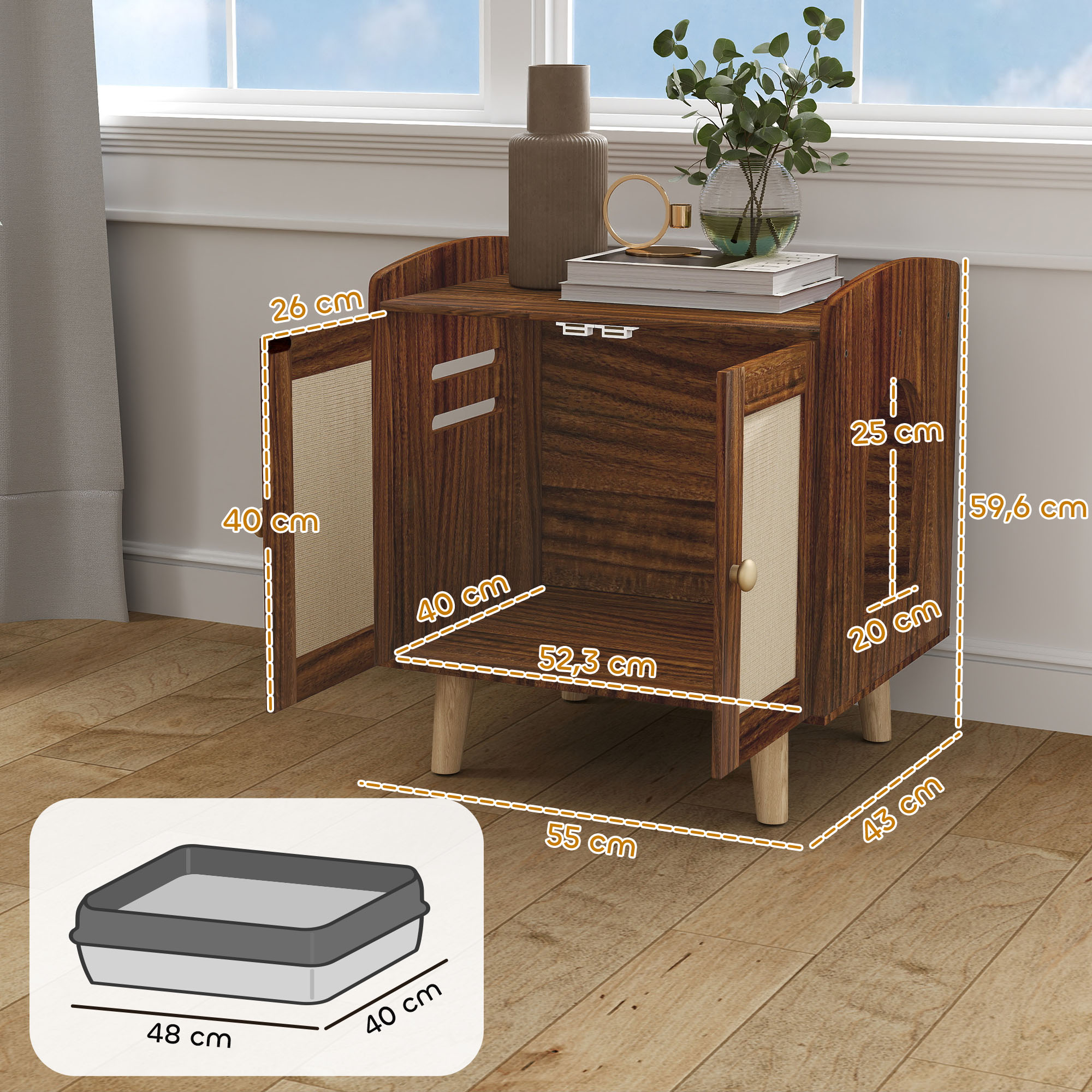 Un mueble de madera marrón con puertas abiertas. Una caja de arena para gatos está en la esquina inferior izquierda.