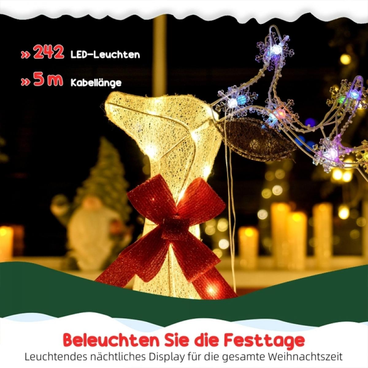 Ein beleuchtetes Rentier mit roter Schleife. Es hat 242 LED-Leuchten und eine Kabellänge von 5 m. Festliche Nachtanzeige für Weihnachten.
