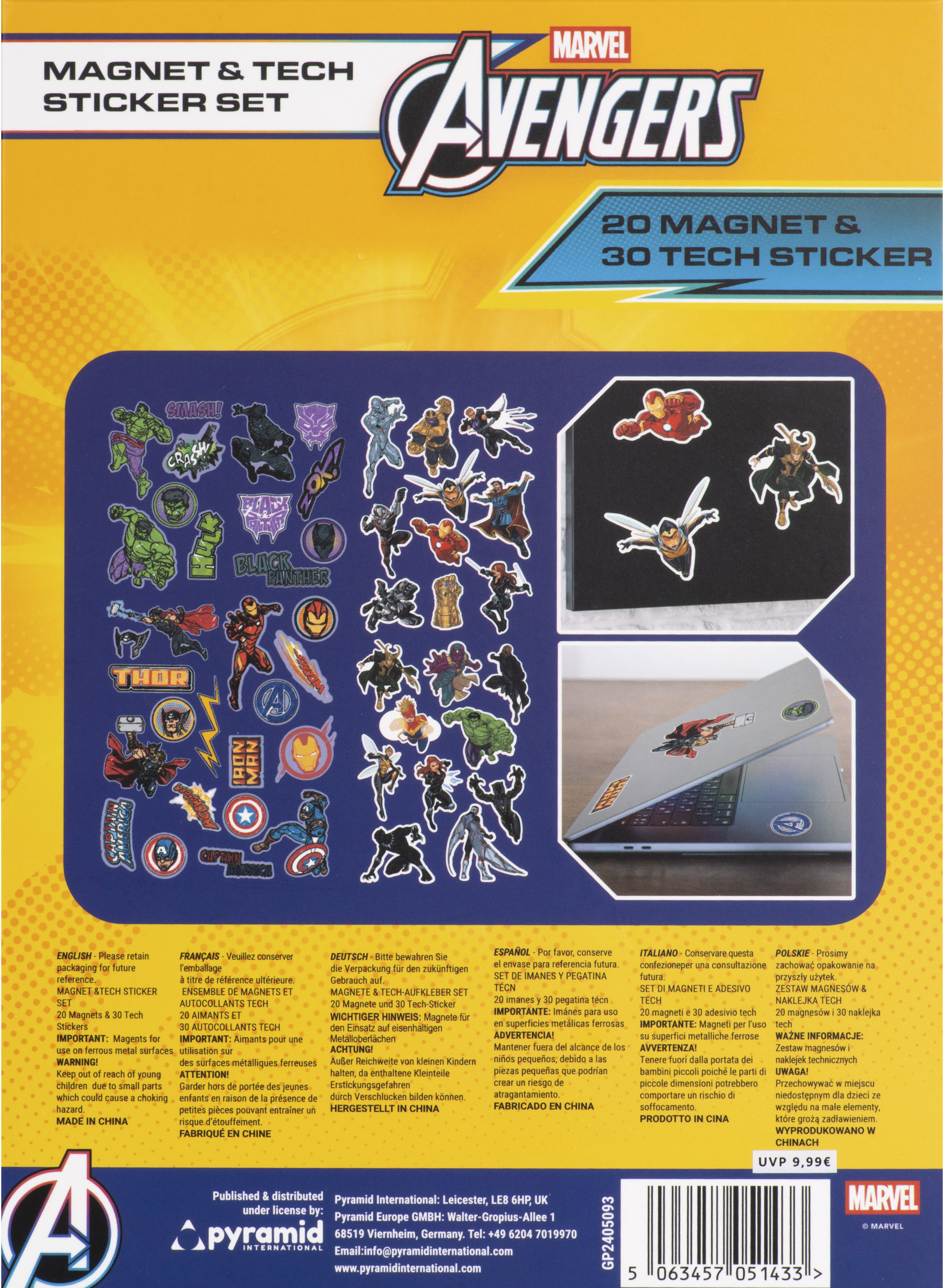 Verpackung für Marvel Avengers Magnet- und Tech-Aufkleber-Set. Enthält Aufkleber verschiedener Charaktere.