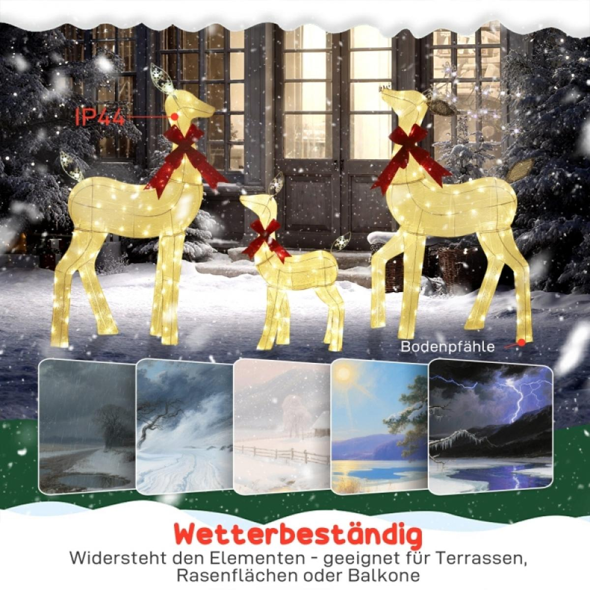 Beleuchtete Rentierdekorationen mit roten Schleifen stehen vor einem Haus. Das Bild enthält kleine Landschaftsbilder.
