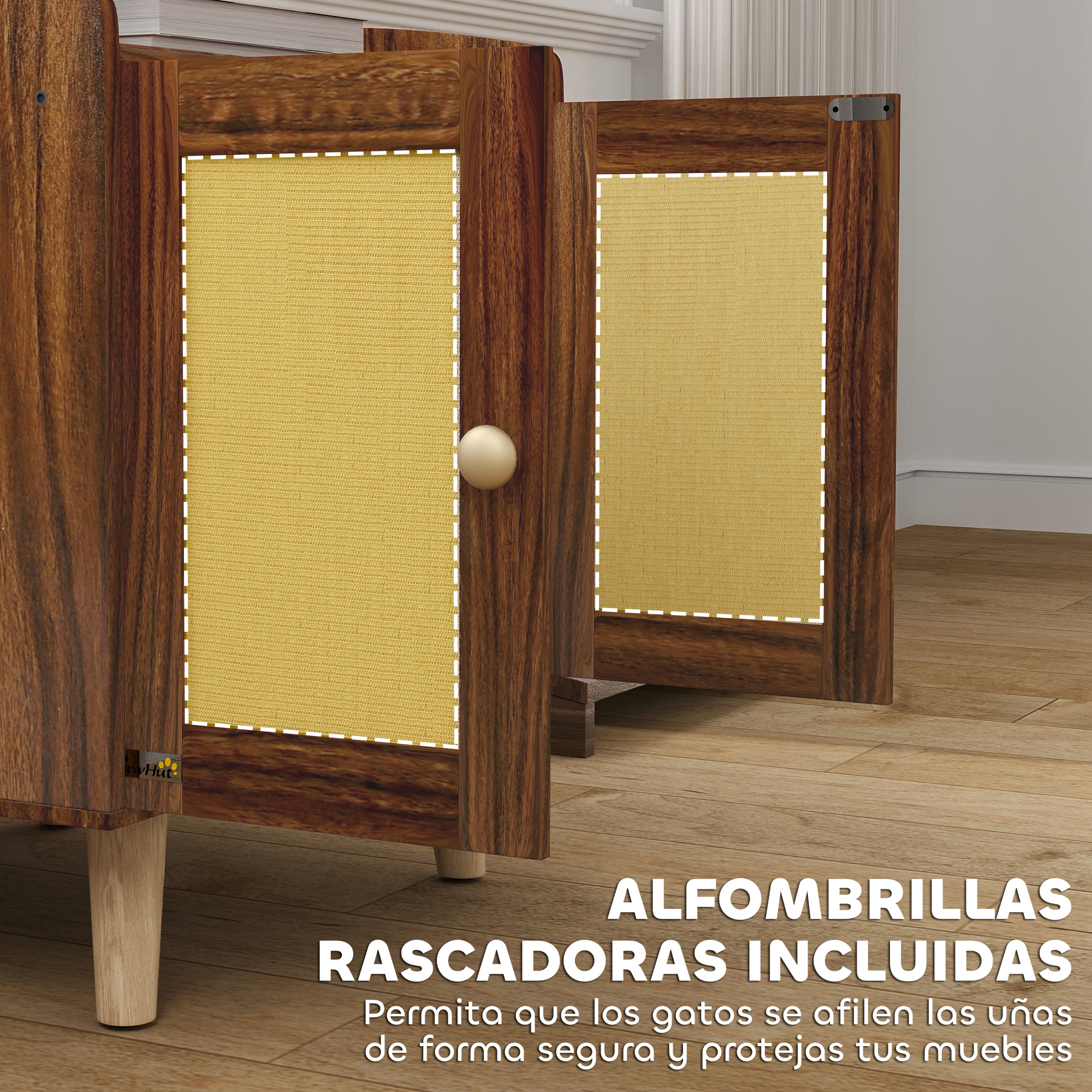 Muebles rascadores de madera para gatos con paneles de tela amarilla. Incluye texto en español sobre proteger muebles.