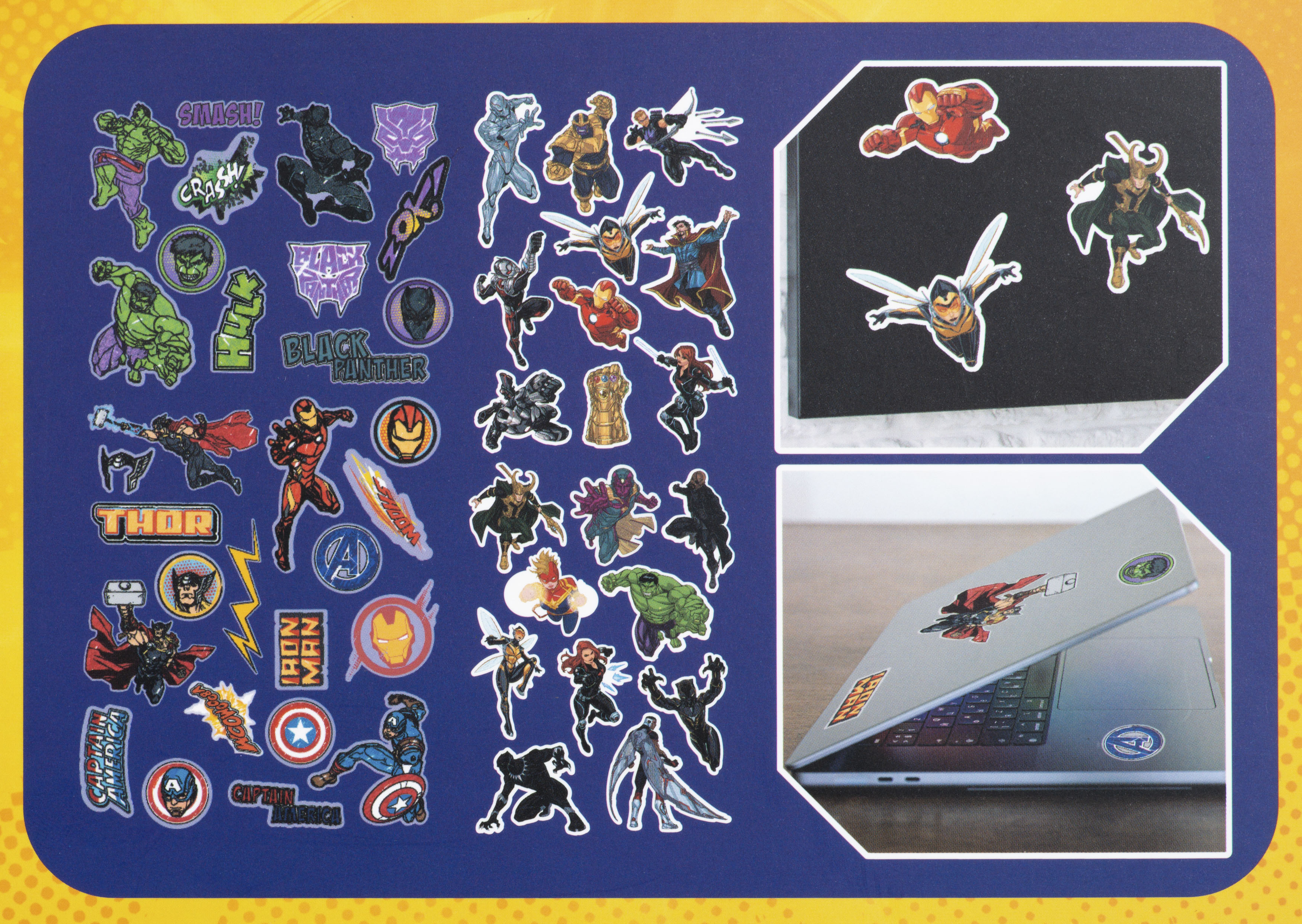 Marvel-Aufkleber auf blauem Hintergrund, schwarzem Display und Laptop. Enthält Iron Man, Hulk, Captain America und andere.