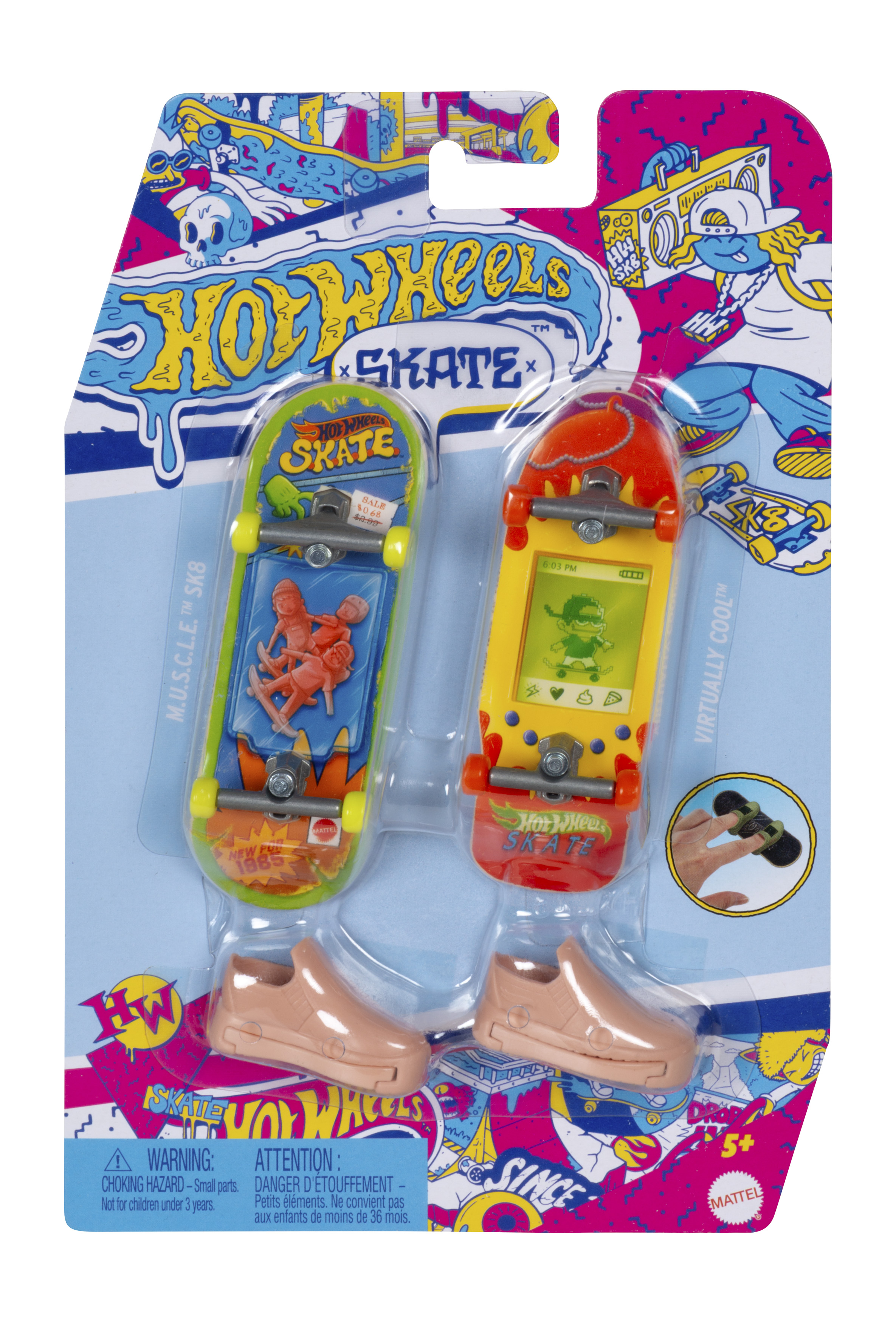 Verpackung zeigt zwei Spielzeug-Skateboards und Schuhe. Das Hot Wheels Skate Logo ist sichtbar, mit Cartoon-Grafiken.