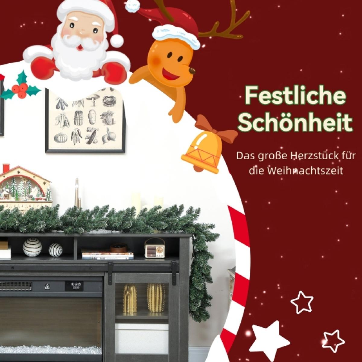 Eine festliche Weihnachtsszene. Der Weihnachtsmann und ein Rentier sind zu sehen. Ein Kamin ist mit Girlanden, Ornamenten und einer Glocke geschmückt.