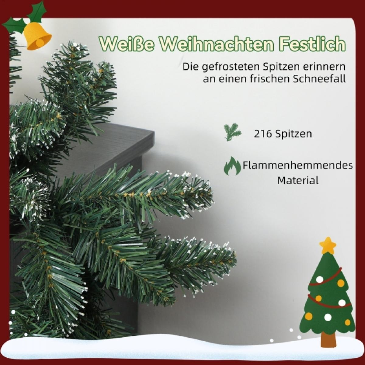 Ein grüner Weihnachtsbaum mit weißen Spitzen und ein kleiner dekorierter Baum rechts. Text enthält 'Weiße Weihnachten Festlich'.