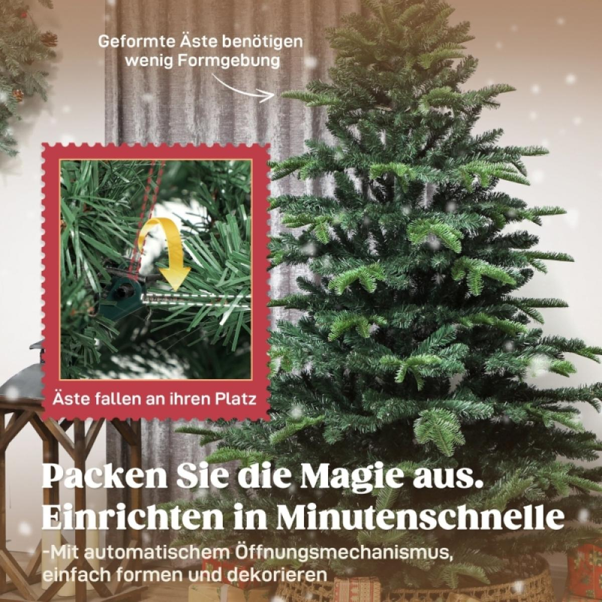 Ein grüner Weihnachtsbaum mit Nahaufnahme des Astmechanismus. Text: 'In Minuten einrichten', 'Einfach formen und dekorieren'.